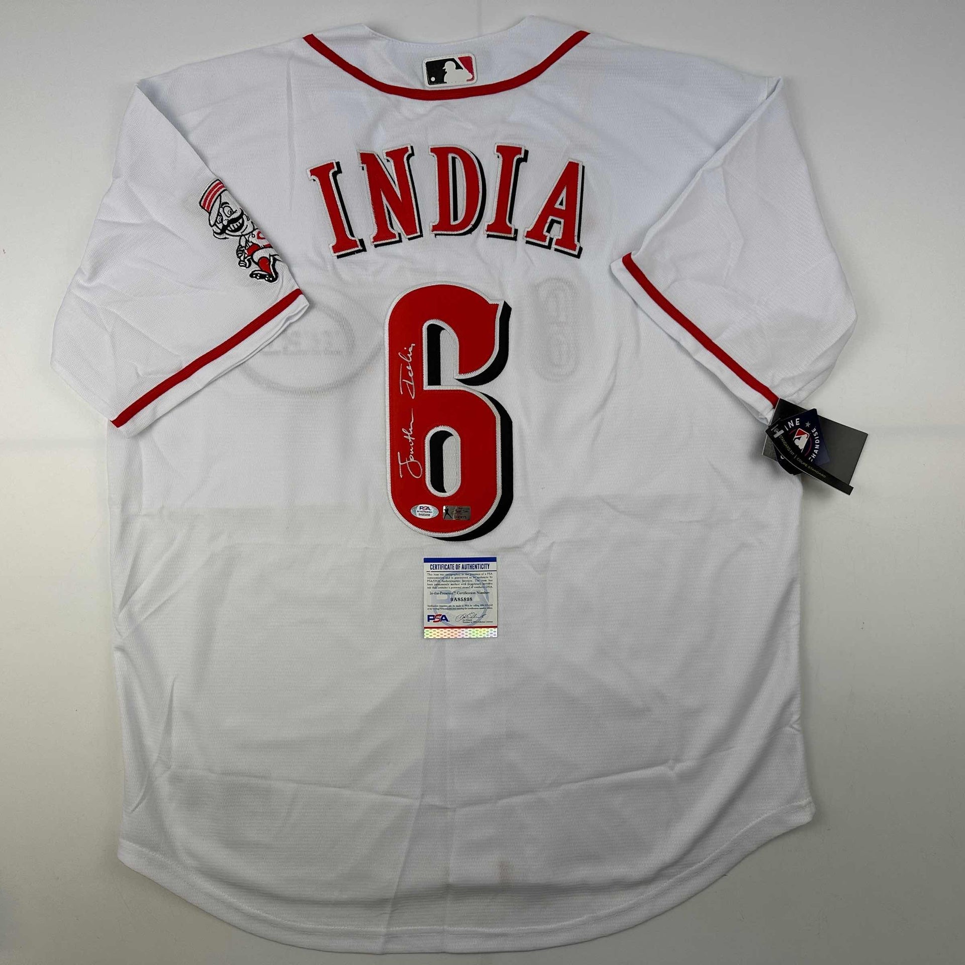 Autographed/Signed Jonathan India Cincinnati White Baseball Jersey JSA COA  - Hall of Fame Sports Memorabilia