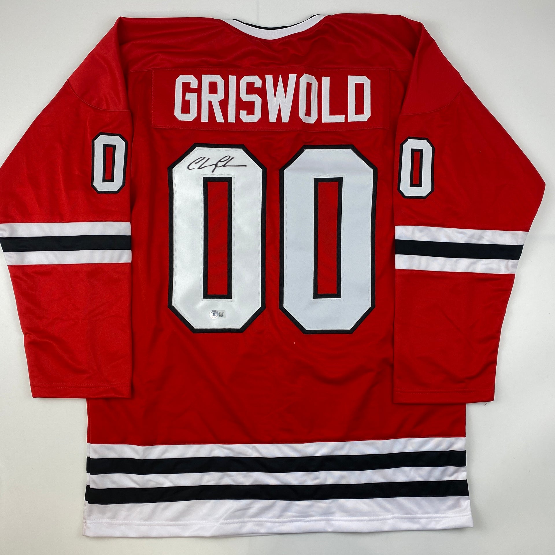 Autographed/Signed Chevy Chase Clark Griswold Christmas Vacation Movie  Chicago White Hockey Jersey Beckett BAS COA