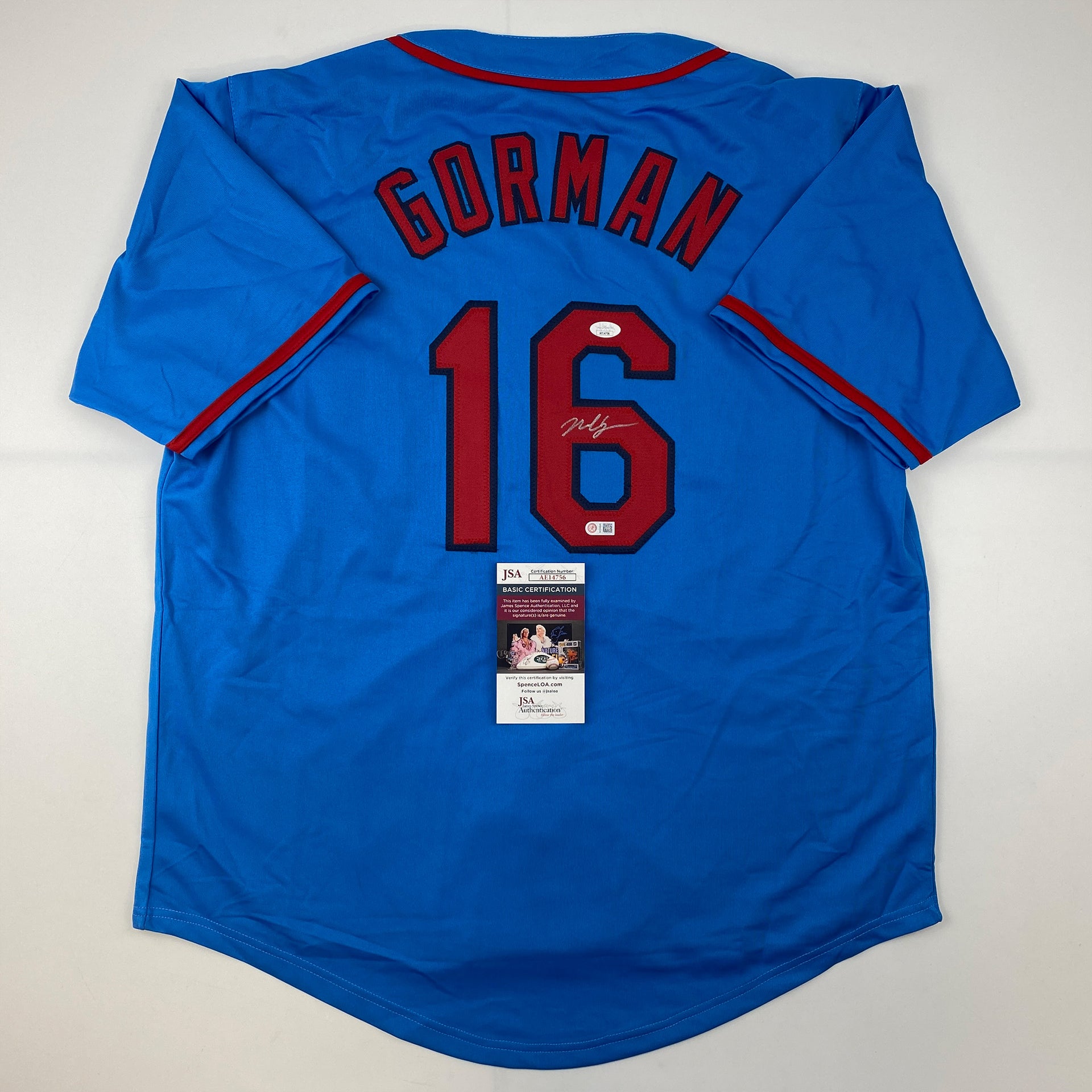 Autographed/Signed Nolan Gorman St. Louis Blue Baseball Jersey JSA