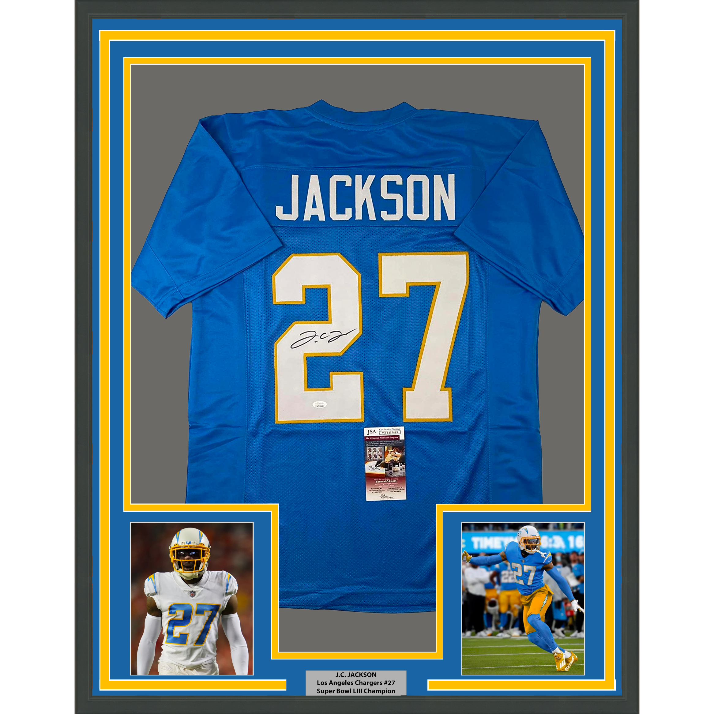 Framed Autographed/Signed JC J.C. Jackson 33x42 Los Angeles LA Powder Blue Football Jersey JSA COA