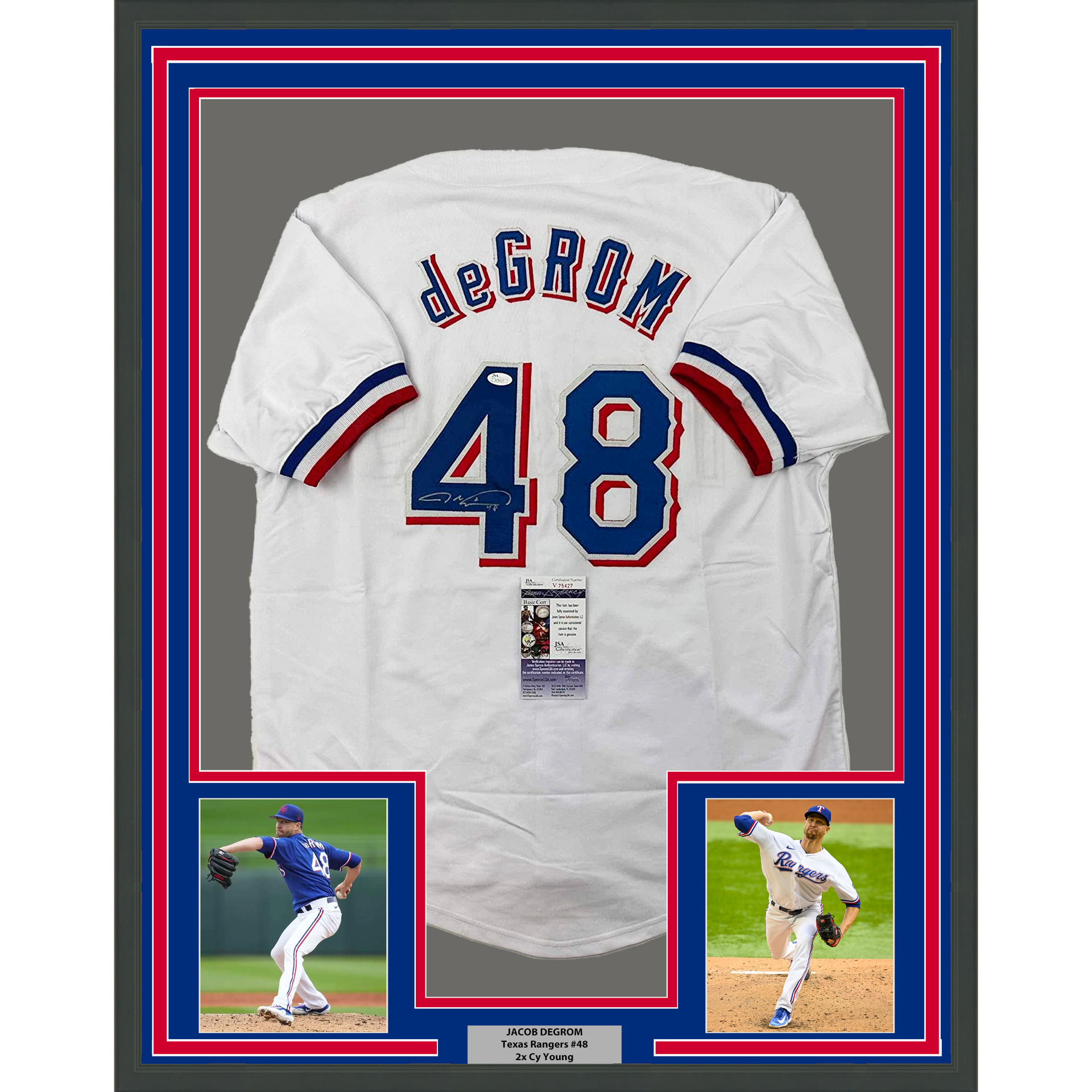 Framed Autographed/Signed Jacob DeGrom 33x42 Texas White Baseball