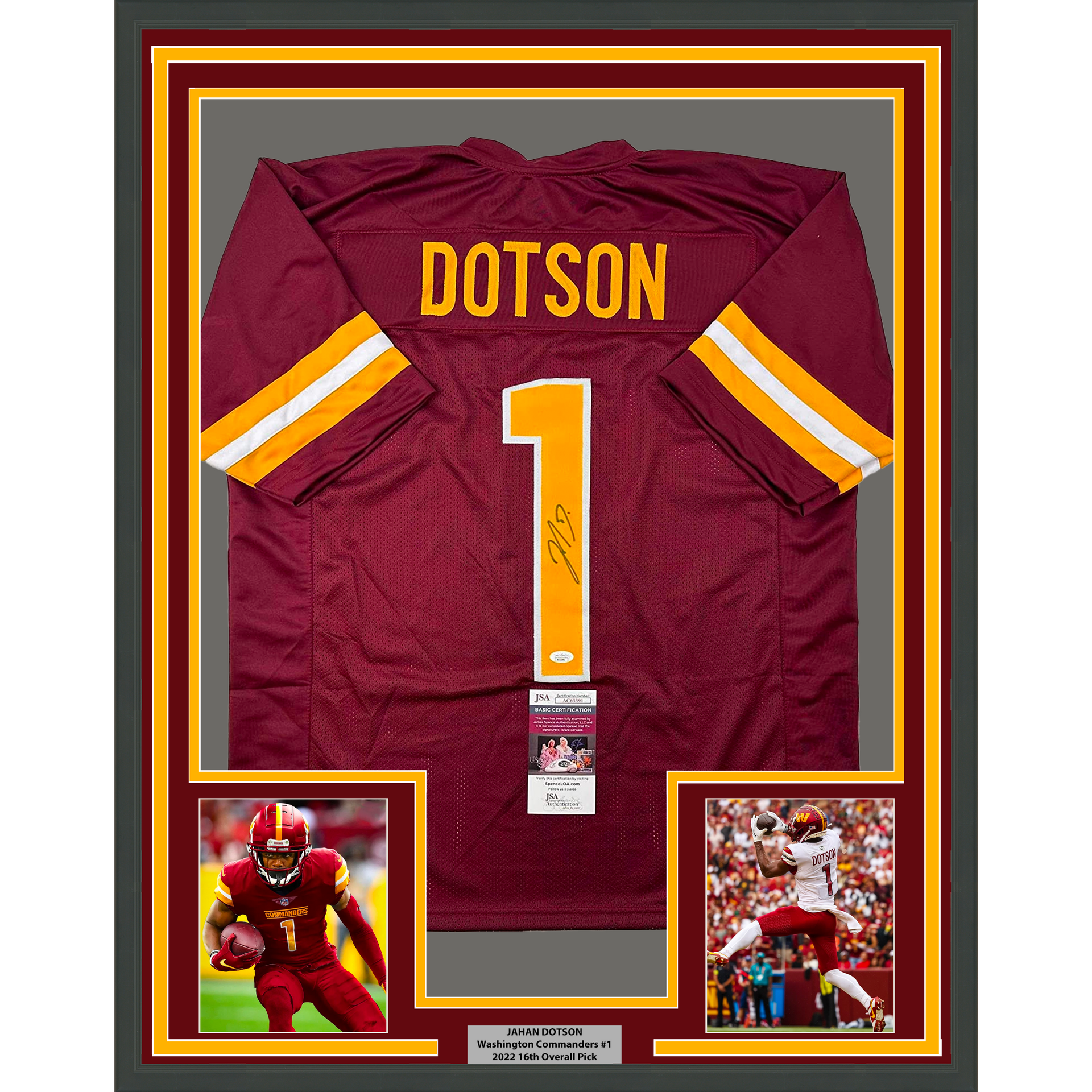 Framed Autographed/Signed Jahan Dotson 33x42 Washington Burgundy Football  Jersey JSA COA - Hall of Fame Sports Memorabilia