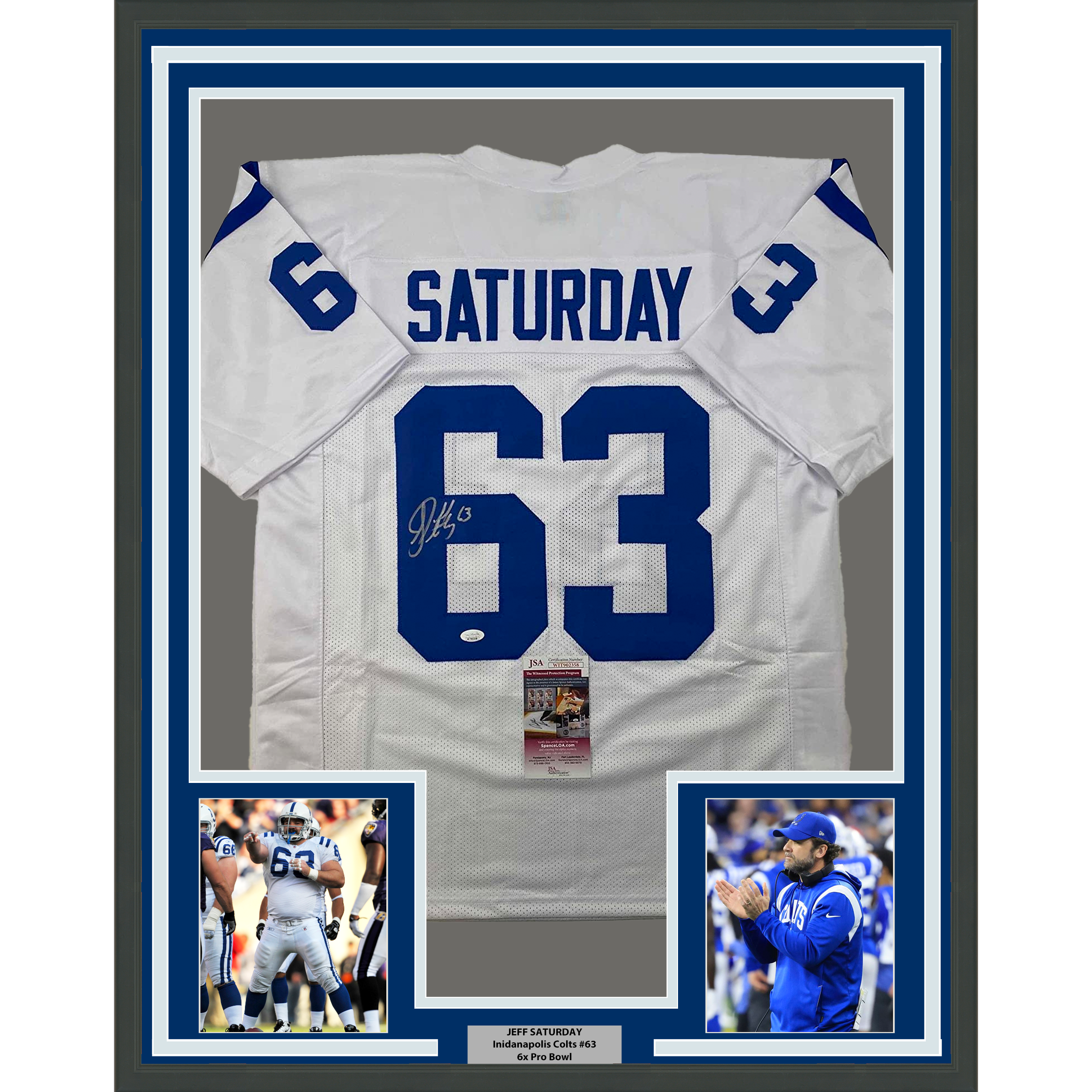 Framed Autographed/Signed Jeff Saturday 33x42 Indianapolis White Football Jersey JSA COA