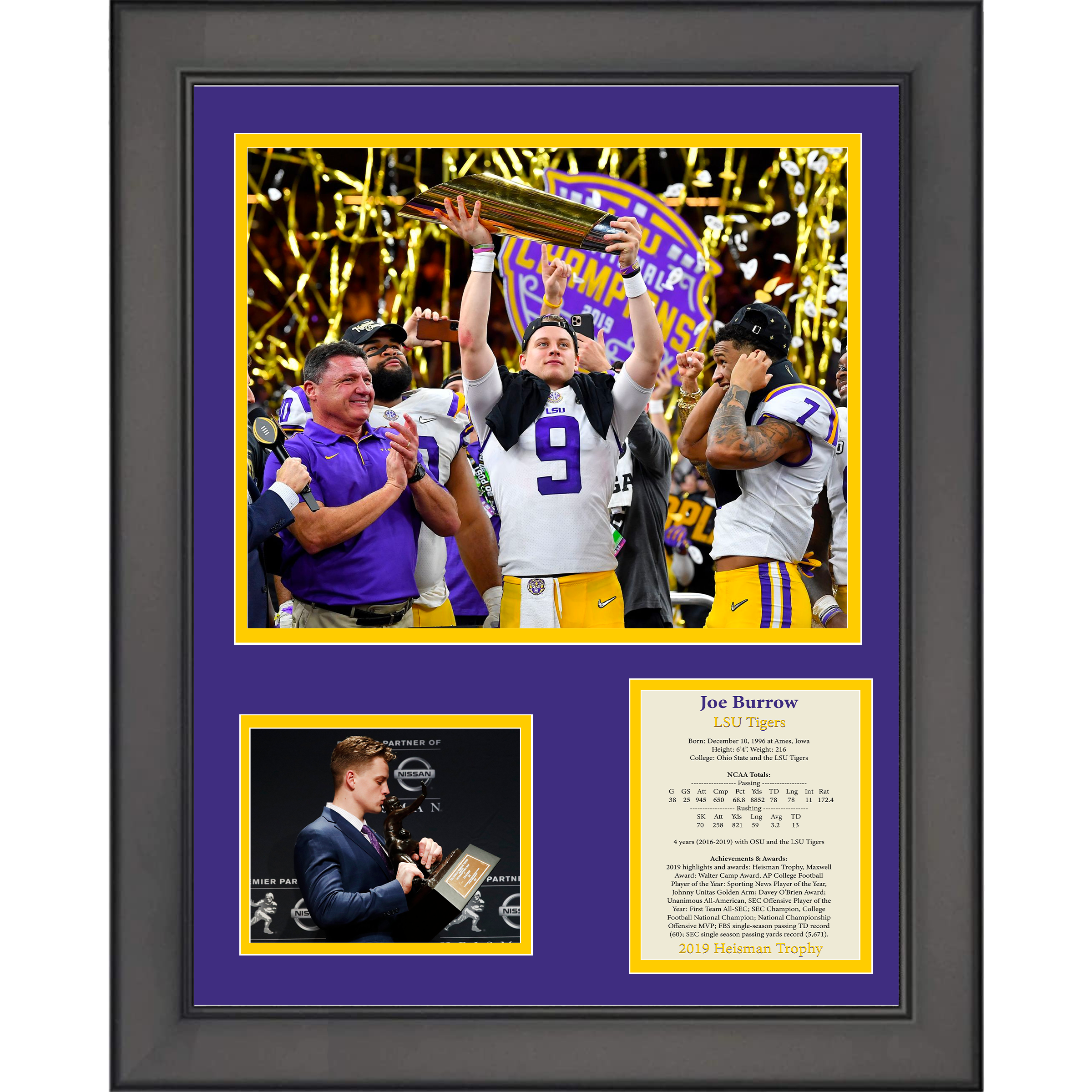 Framed Joe Burrow LSU Tigers National Champion Heisman Trophy 12"x15" College Football Pho