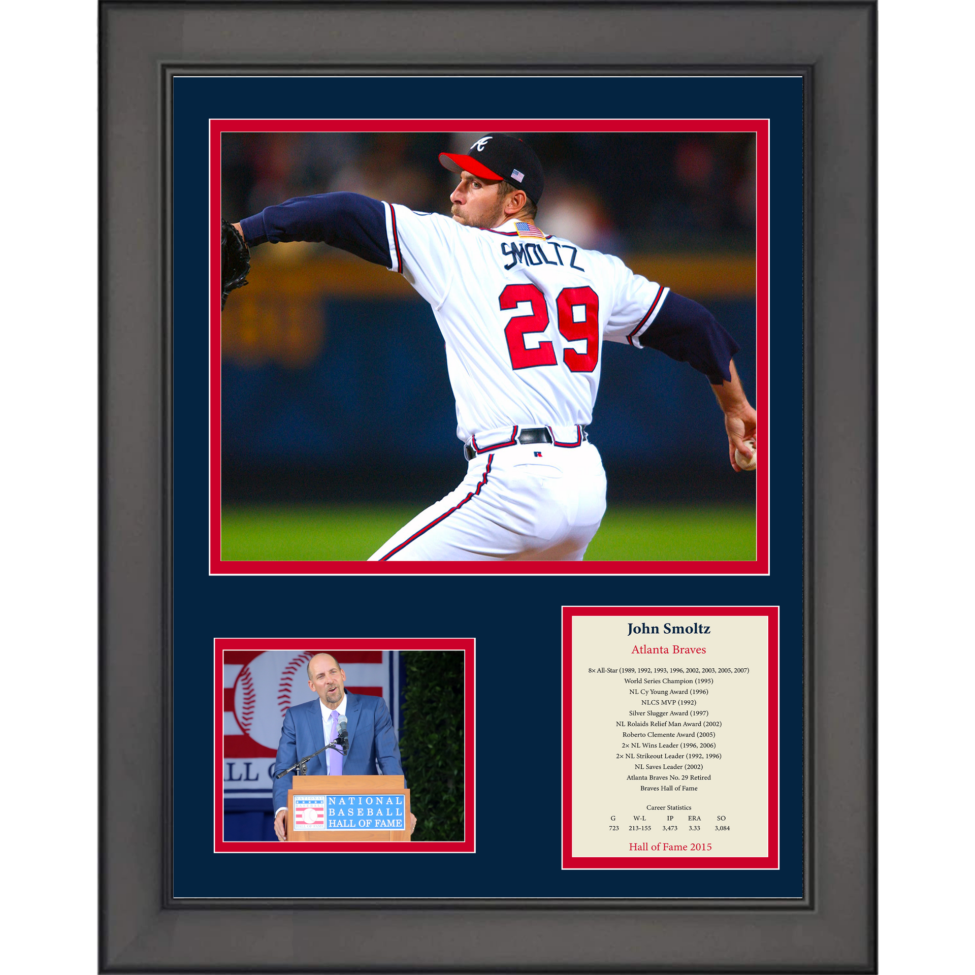Framed John Smoltz Hall of Fame Atlanta Braves 12x15 Baseball