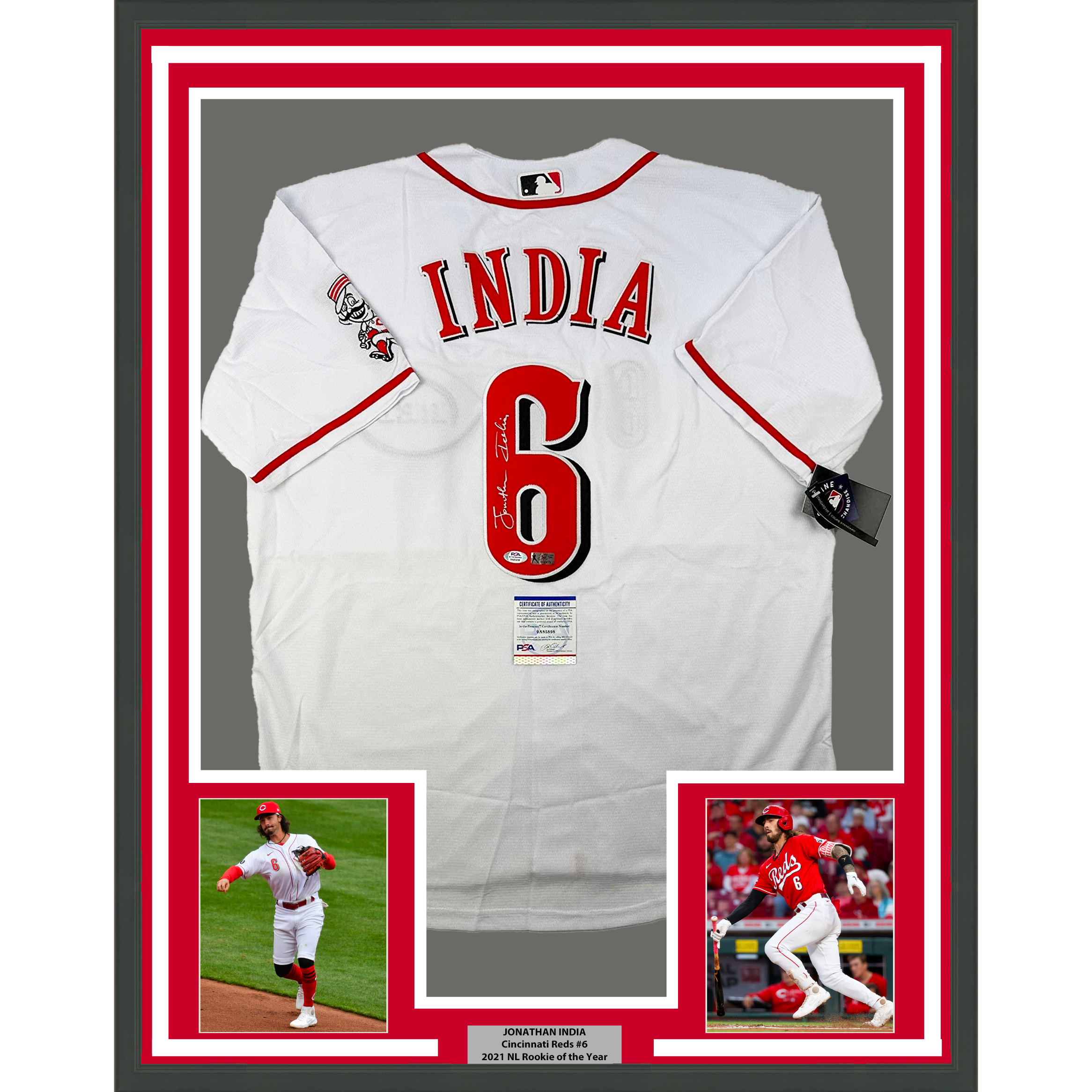 Framed Autographed/Signed Jonathan India 33x42 Cincinnati White Baseball Jersey JSA COA