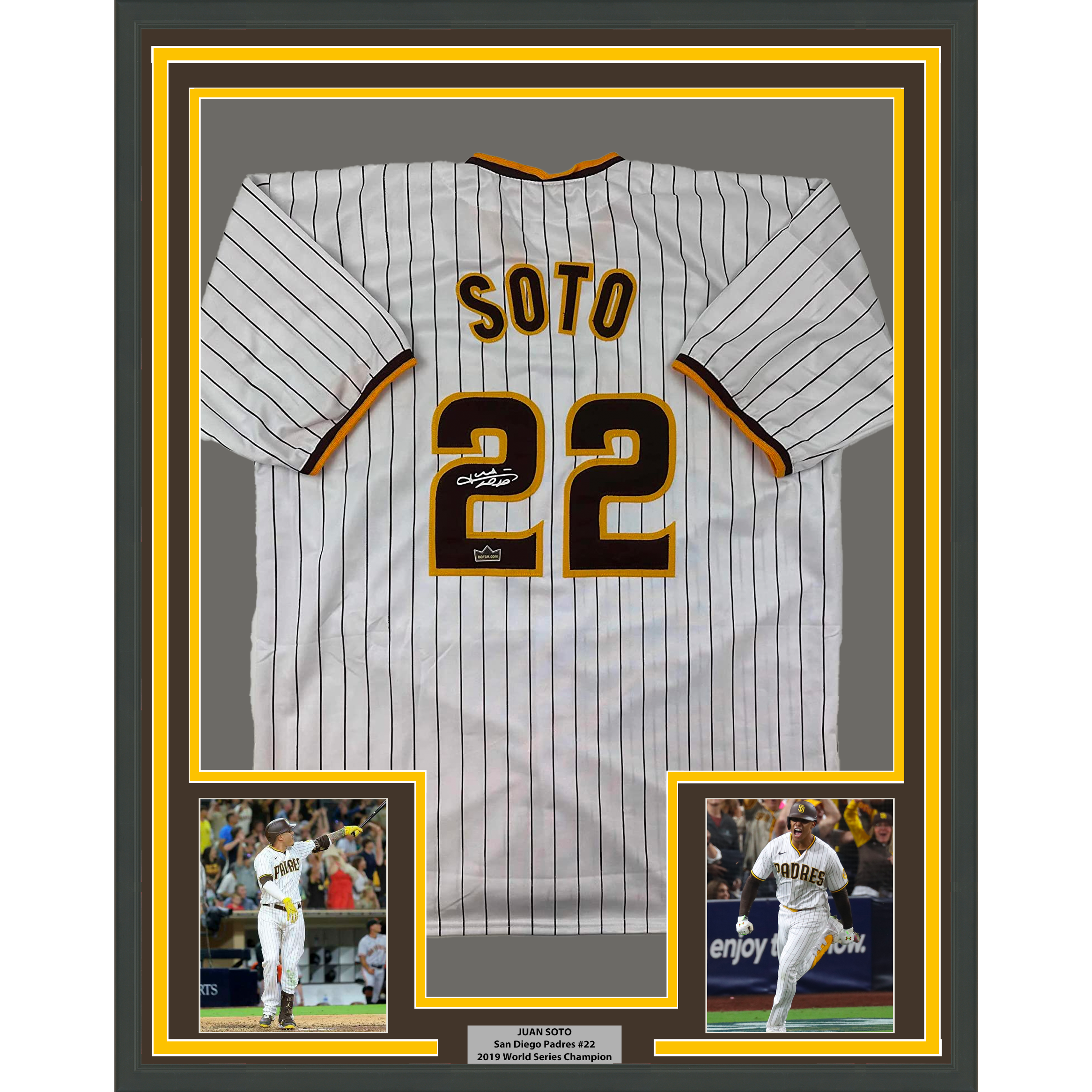 Framed Facsimile Autographed Juan Soto 33x42 San Diego Pinstripe Reprint Laser Auto Baseball Jersey