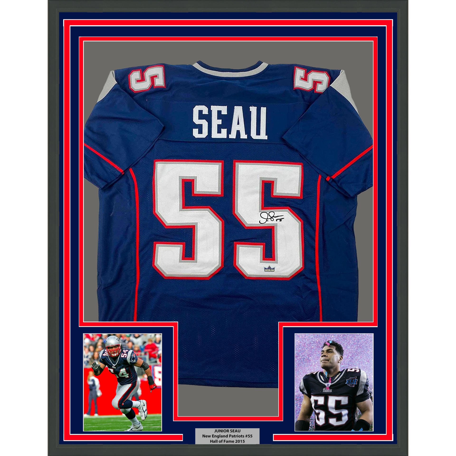 Framed Facsimile Autographed Junior Seau 33x42 New England Blue Reprint  Laser Auto Football Jersey - Hall of Fame Sports Memorabilia