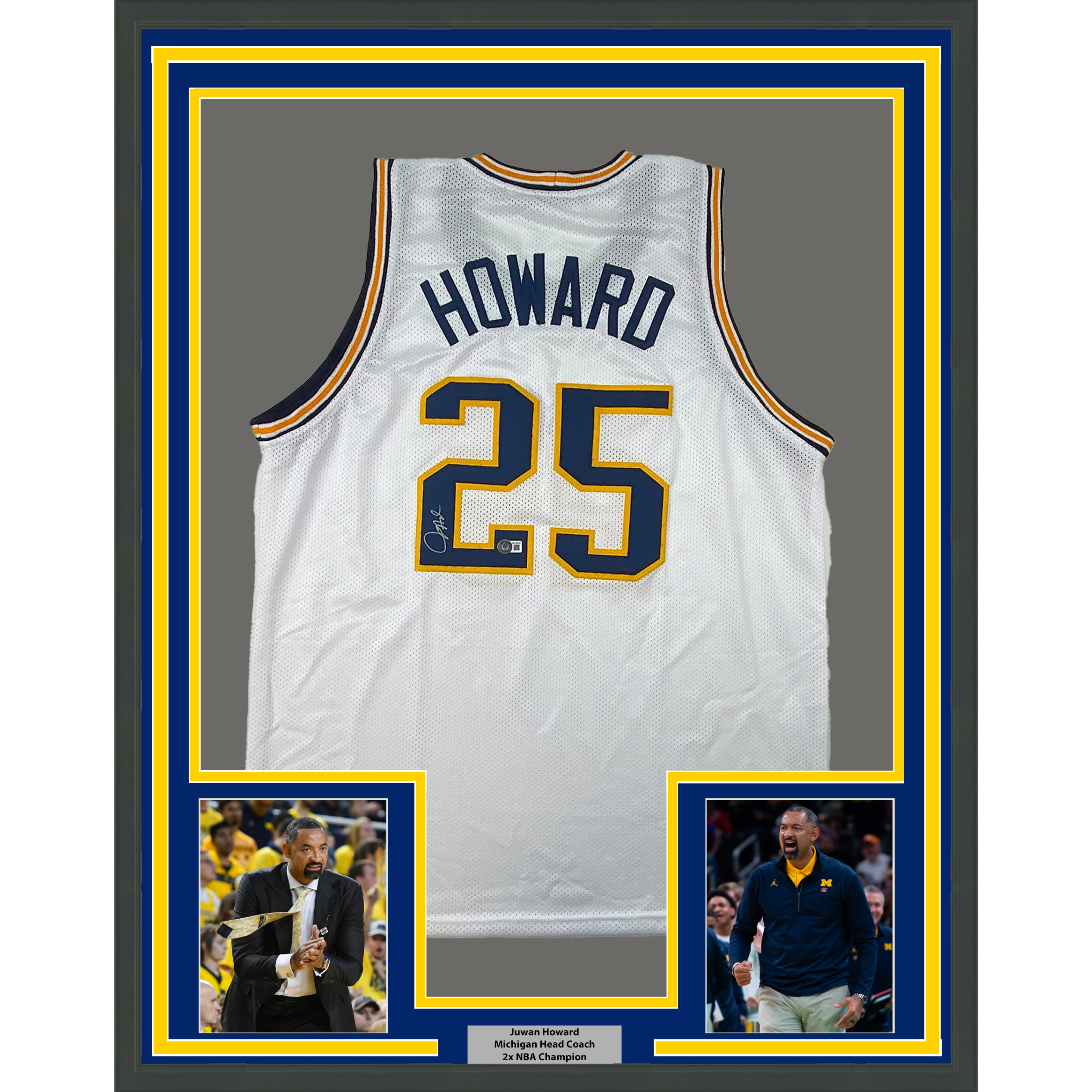 Framed Autographed/Signed Juwan Howard 33x42 Michigan White College Basketball Jersey Beckett BAS CO