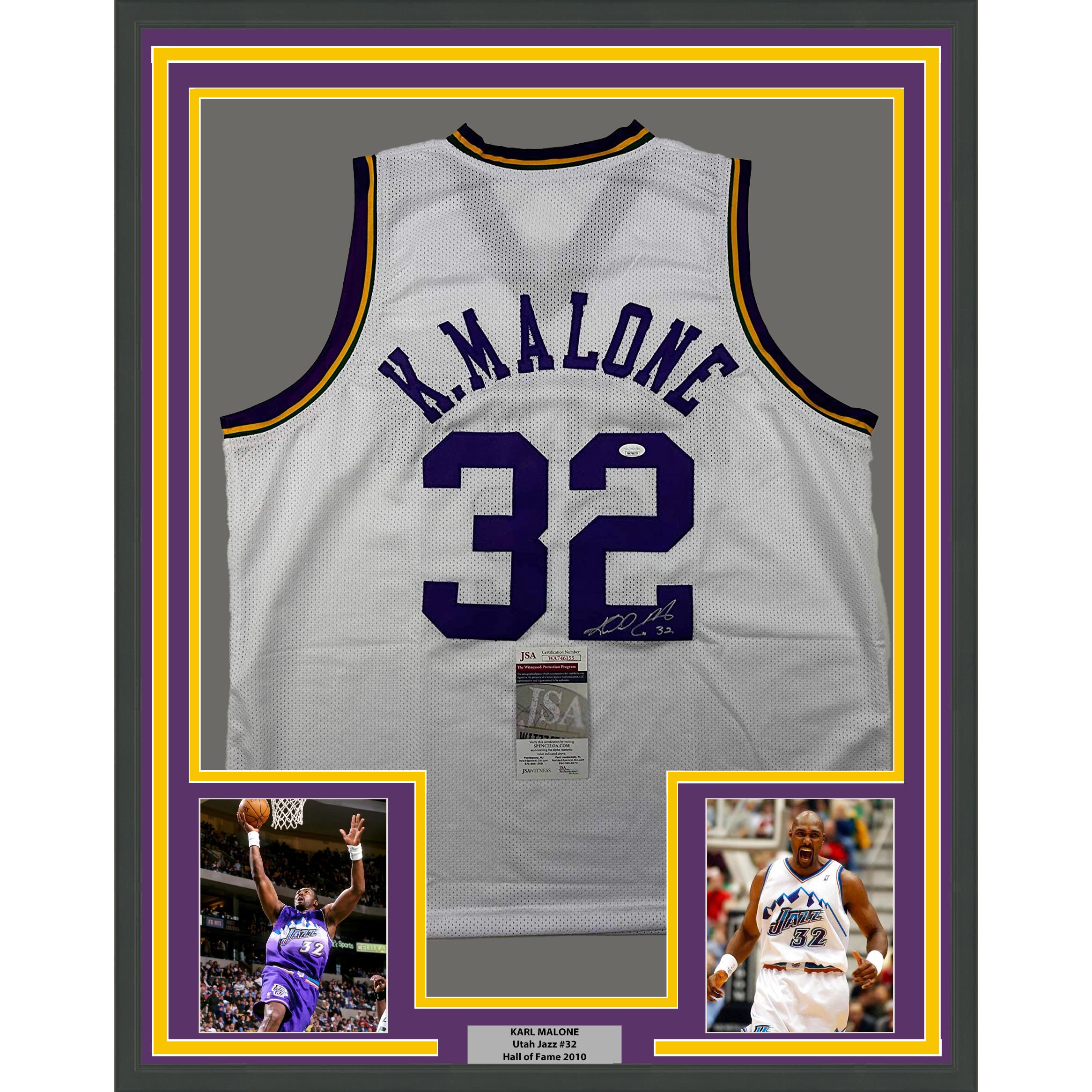 Framed Autographed/Signed Karl Malone 33x42 Utah White Retro Basketball Jersey JSA COA