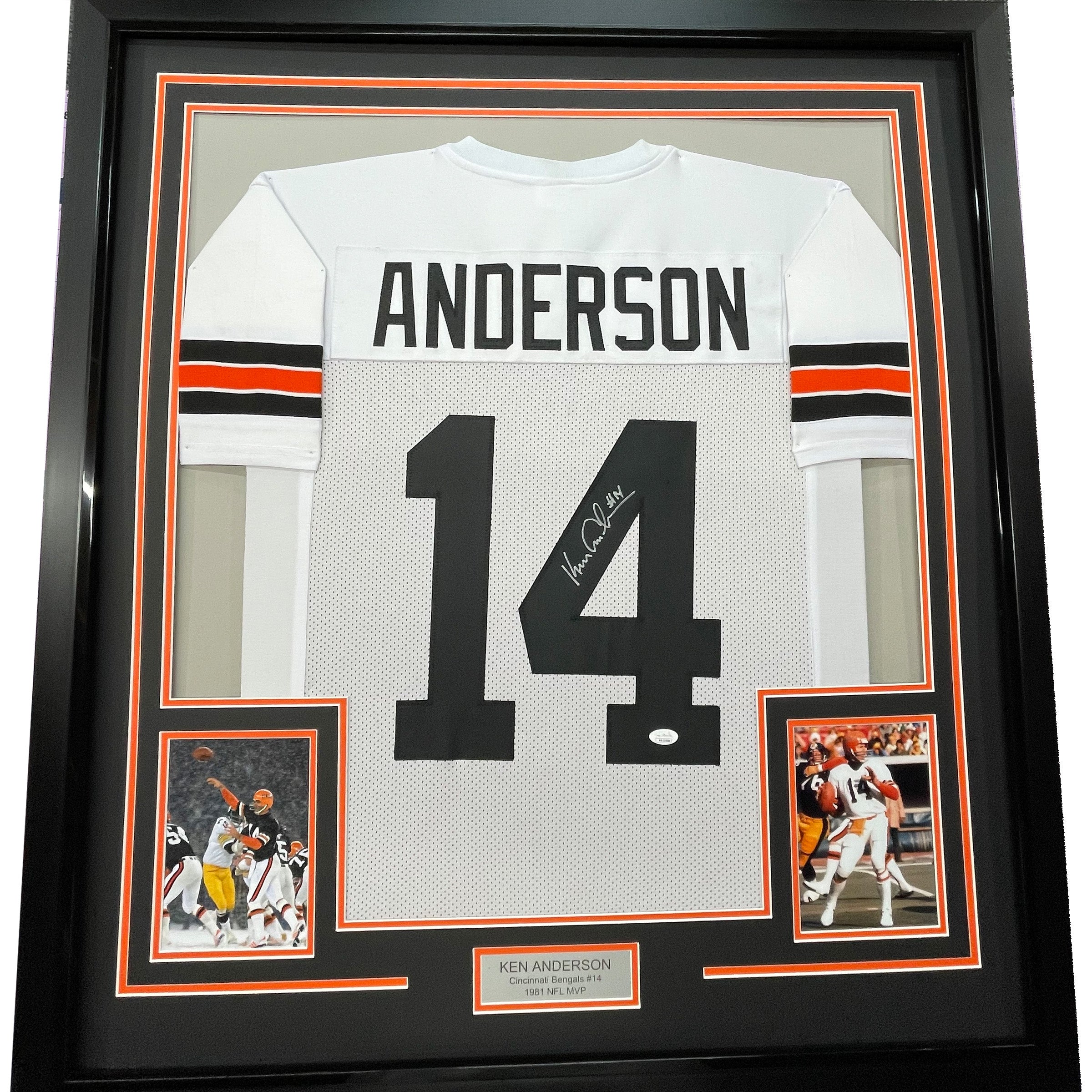 Framed Autographed/Signed Ken Anderson 33x42 Cincinnati White Football Jersey JSA COA