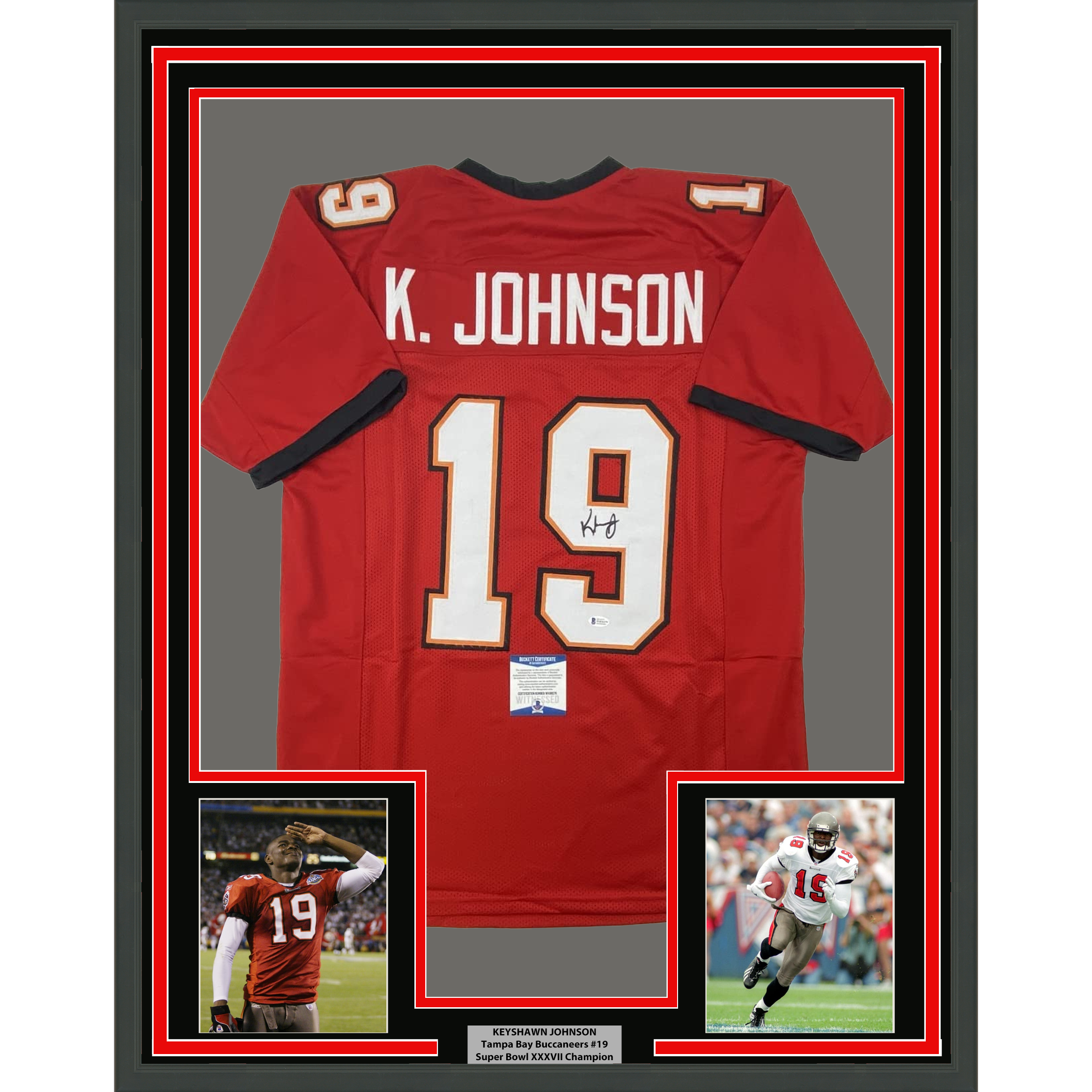 Framed Autographed/Signed Keyshawn Johnson 33x42 Tampa Bay Red Football Jersey JSA COA