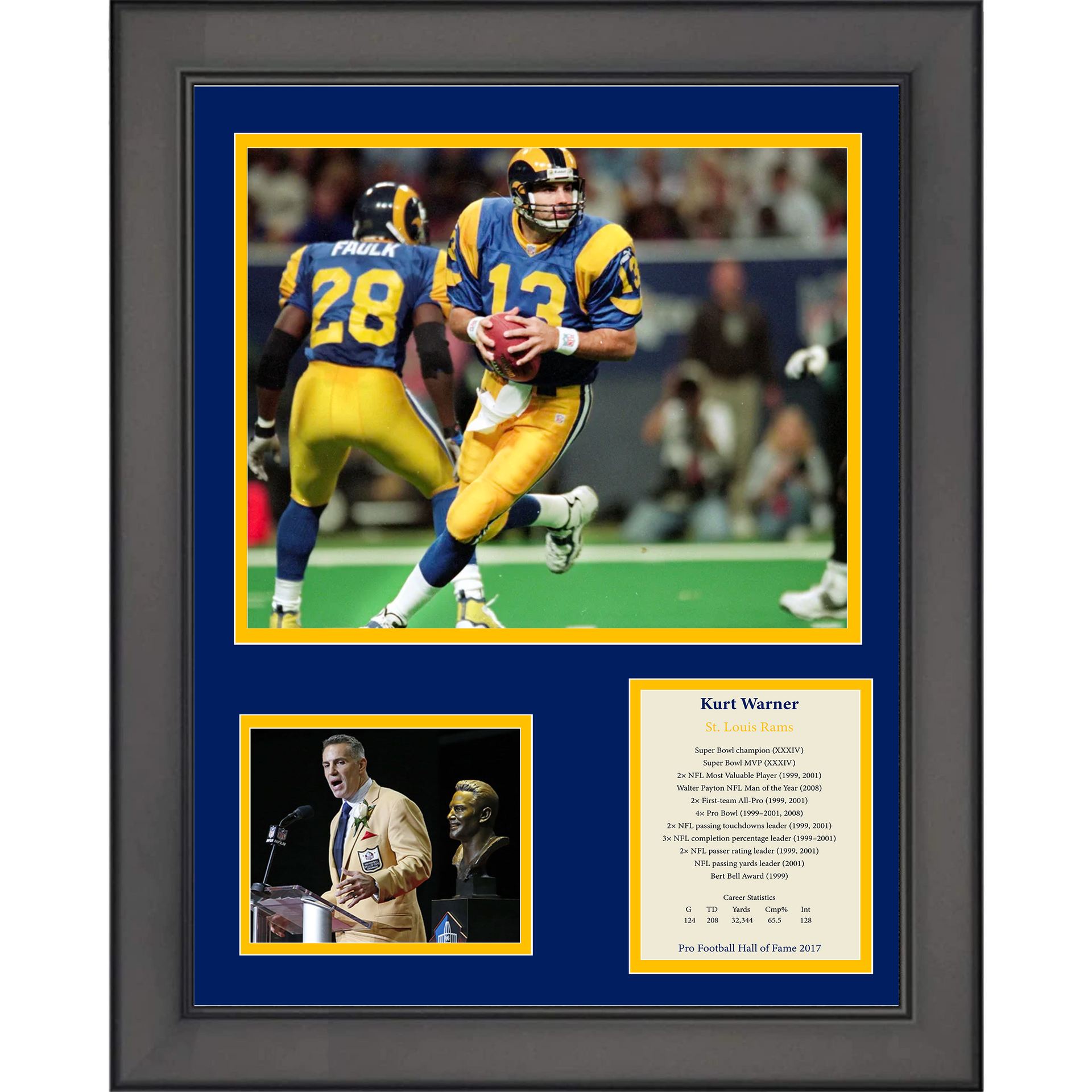 Framed Kurt Warner Hall of Fame St. Louis Rams 12'x15' Football