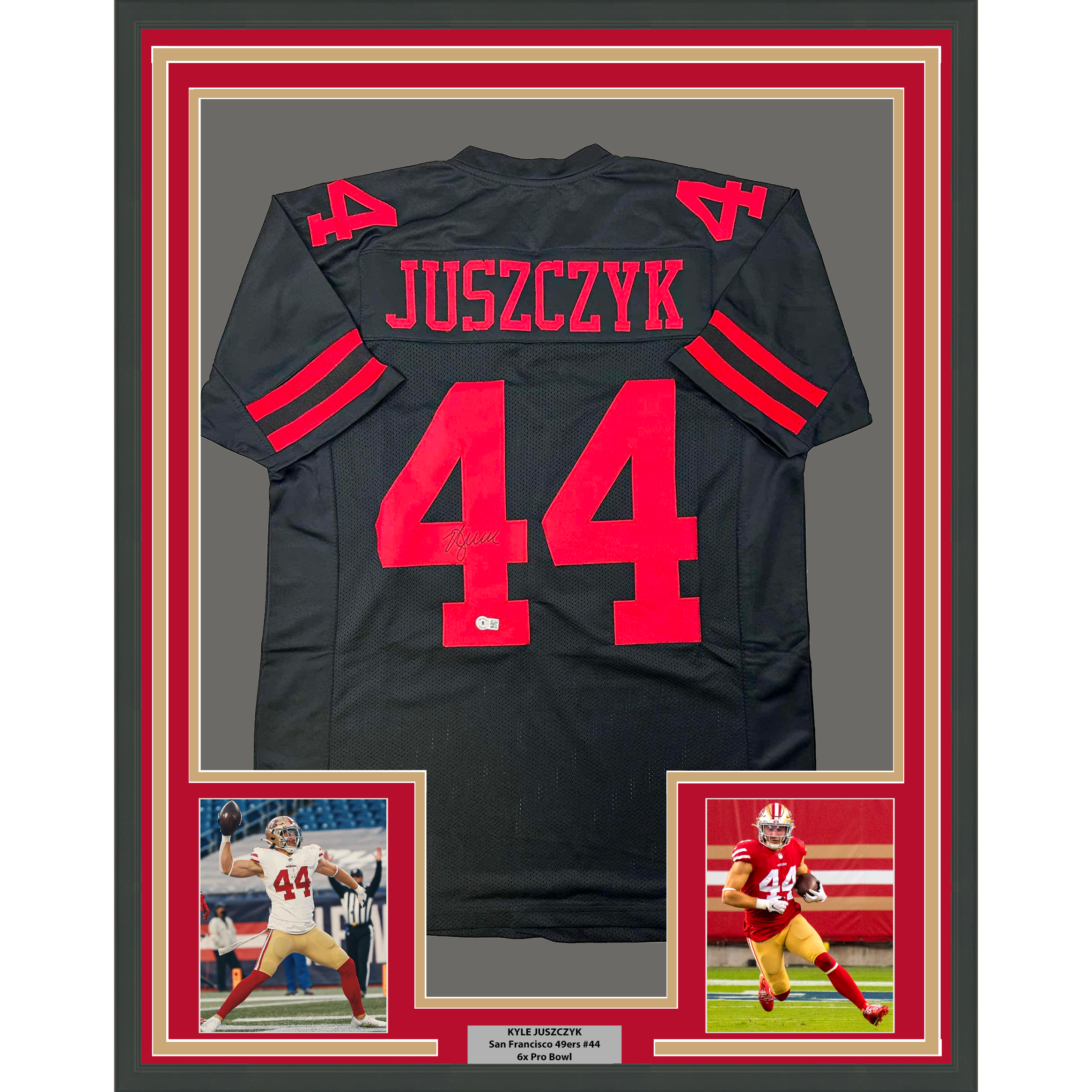 Framed Autographed/Signed Kyle Juszczyk 33x42 San Francisco Black Football Jersey Beckett BAS COA