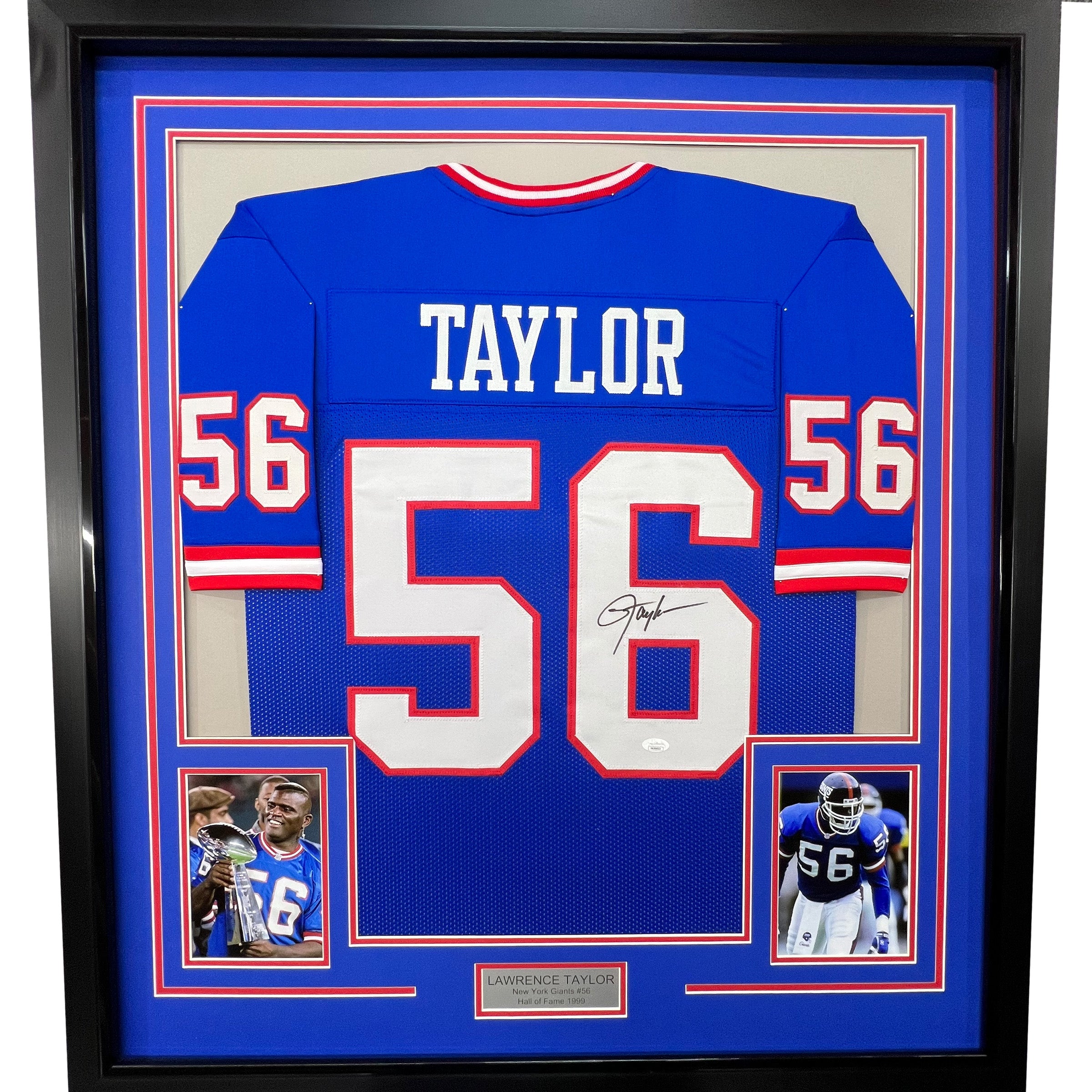 Framed Autographed/Signed Lawrence Taylor 33x42 New York Blue Football Jersey JSA COA