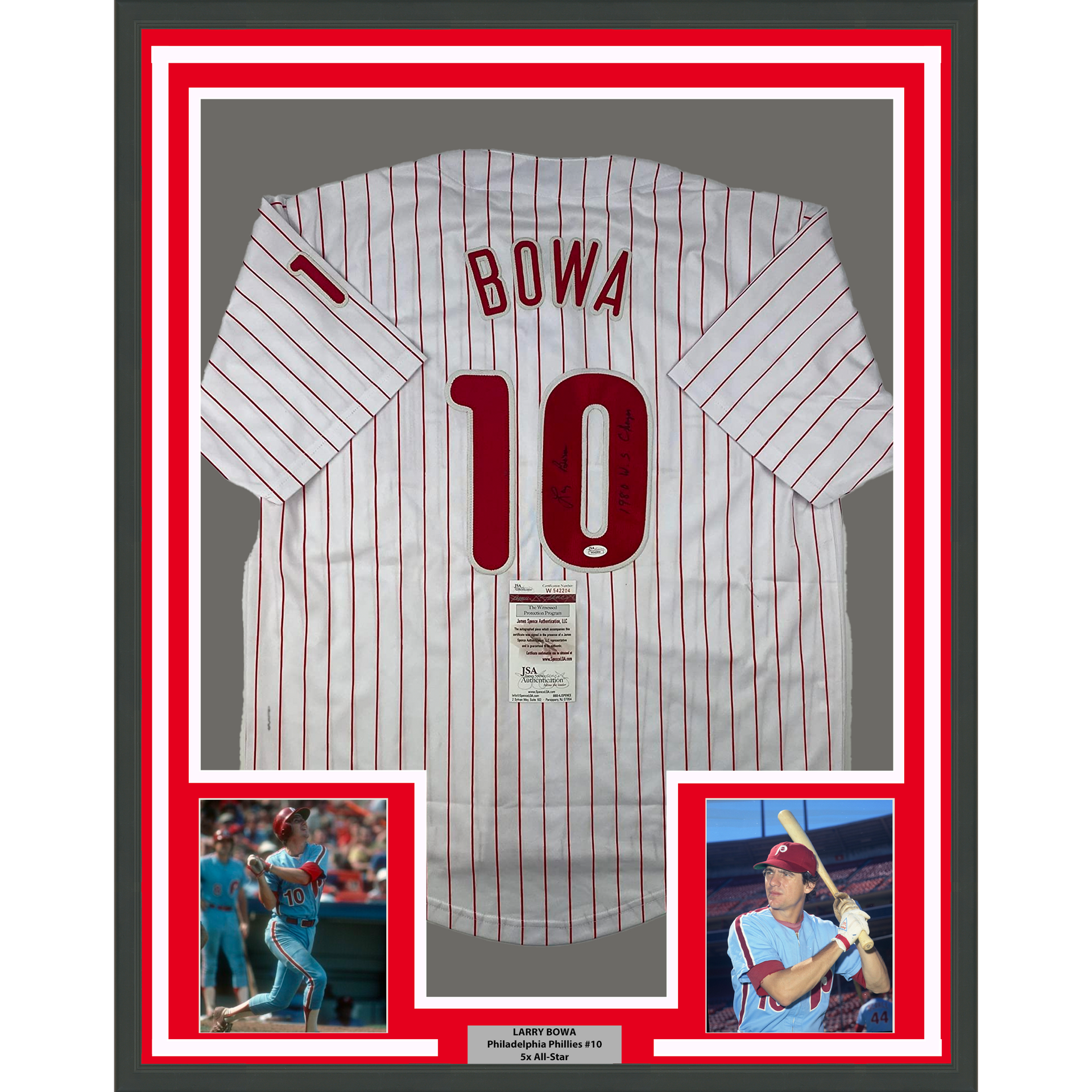 Framed Autographed/Signed Larry Bowa 33x42 980 WS Champs Philadelphia  Pinstripe Baseball Jersey JSA COA - Hall of Fame Sports Memorabilia