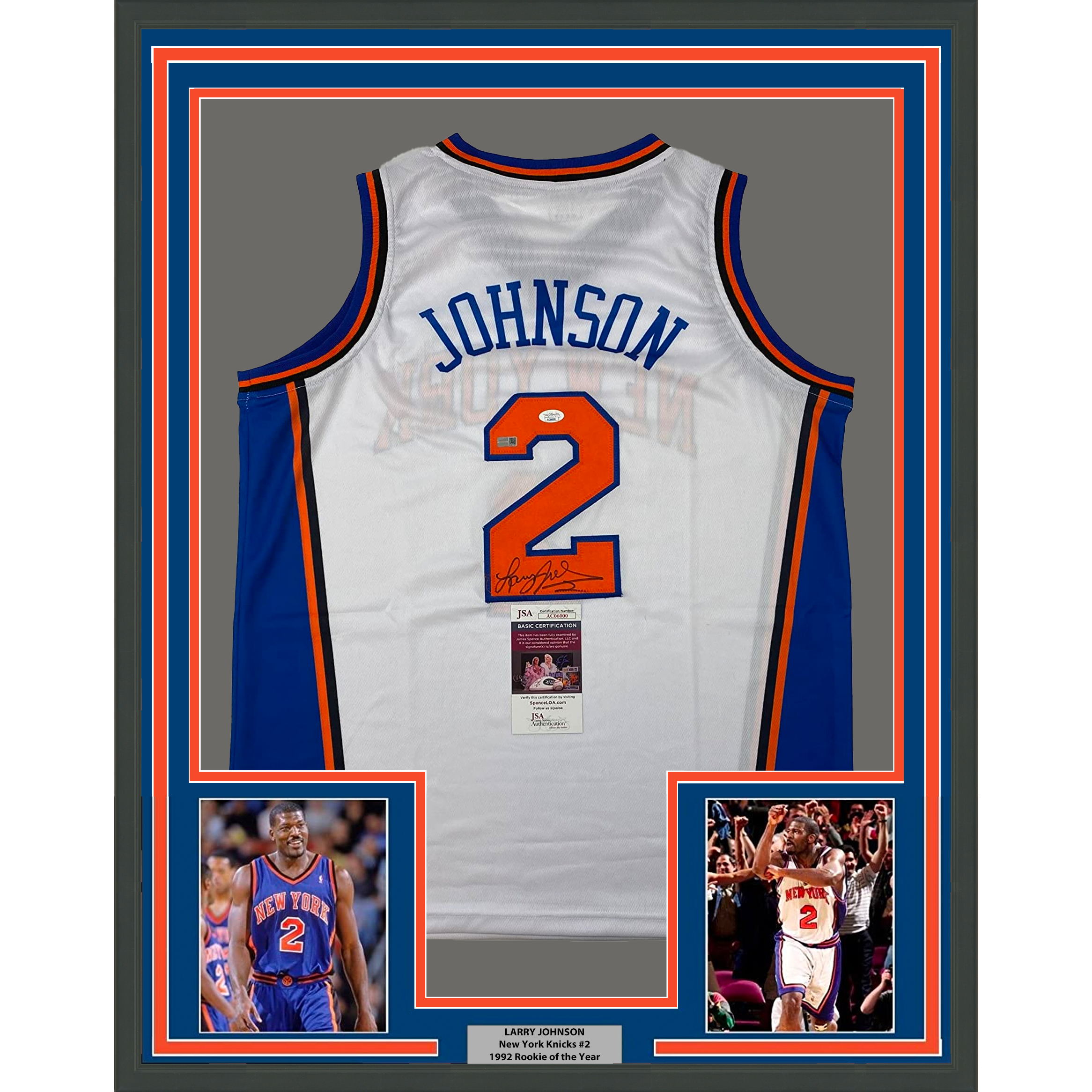 Framed Autographed/Signed Larry Johnson 33x42 New York White Basketball Jersey JSA COA