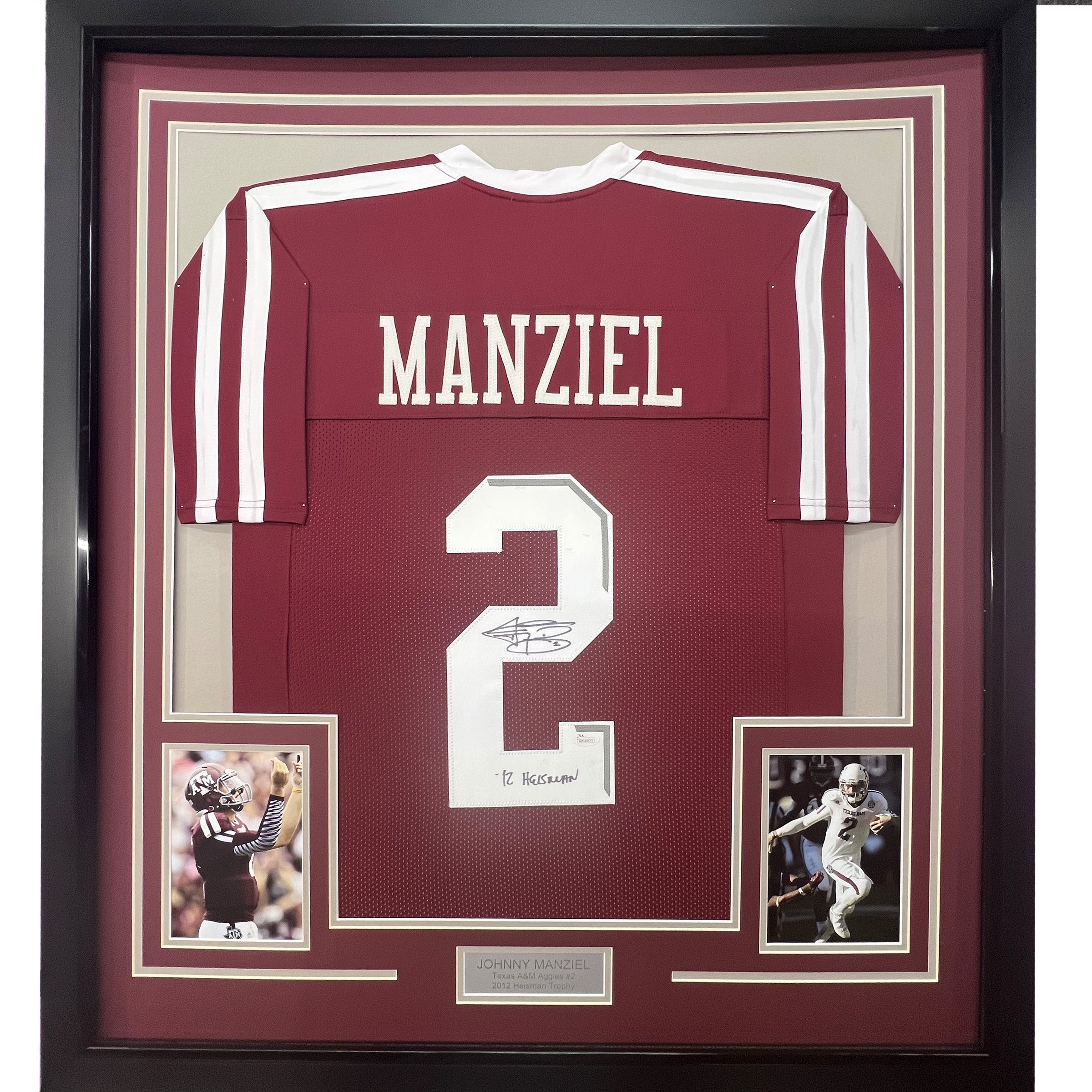 Framed Autographed/Signed Johnny Manziel 12 Heisman 33x42 Texas A&M Maroon College Football Jers