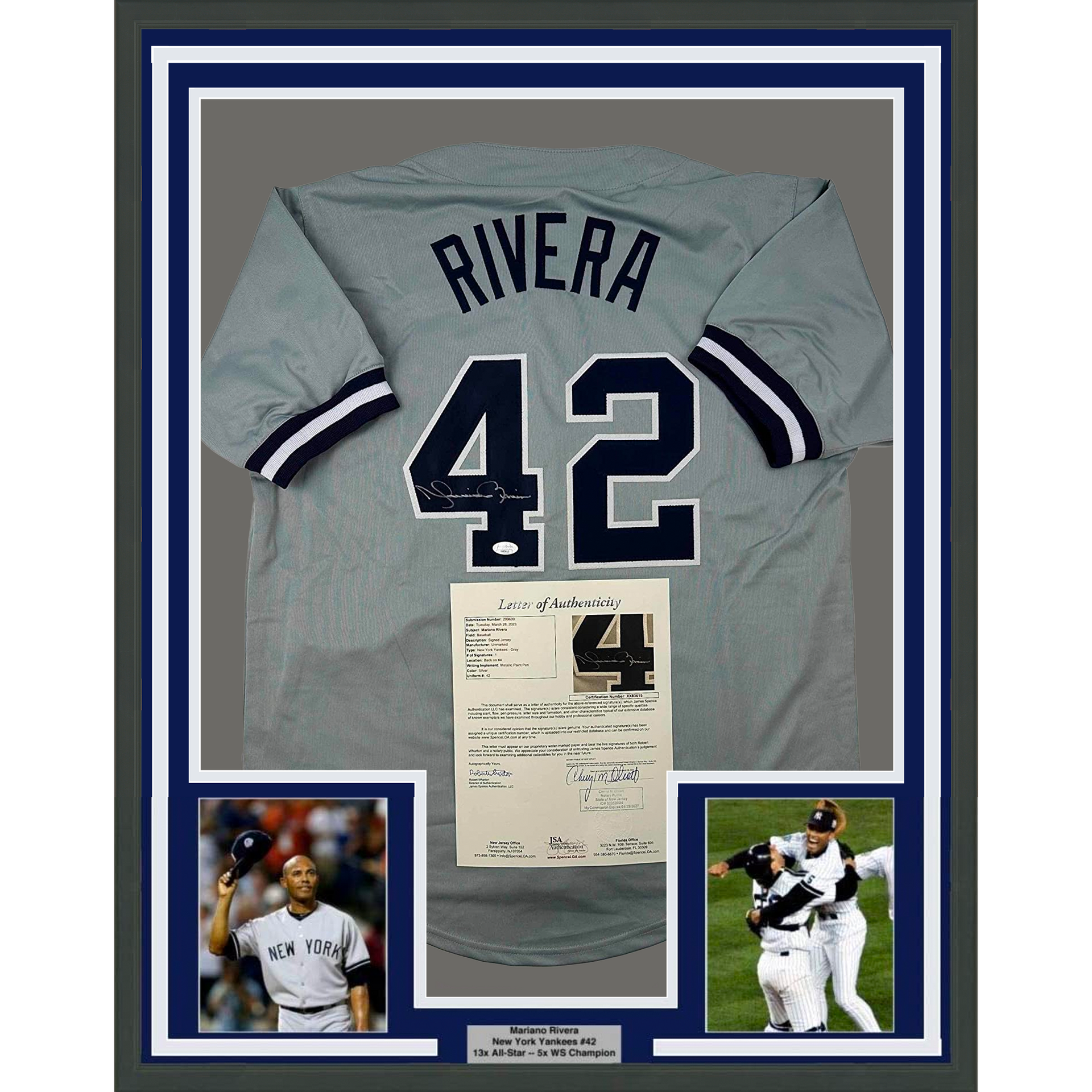 Framed Autographed/Signed Mariano Rivera 33x42 New York Grey