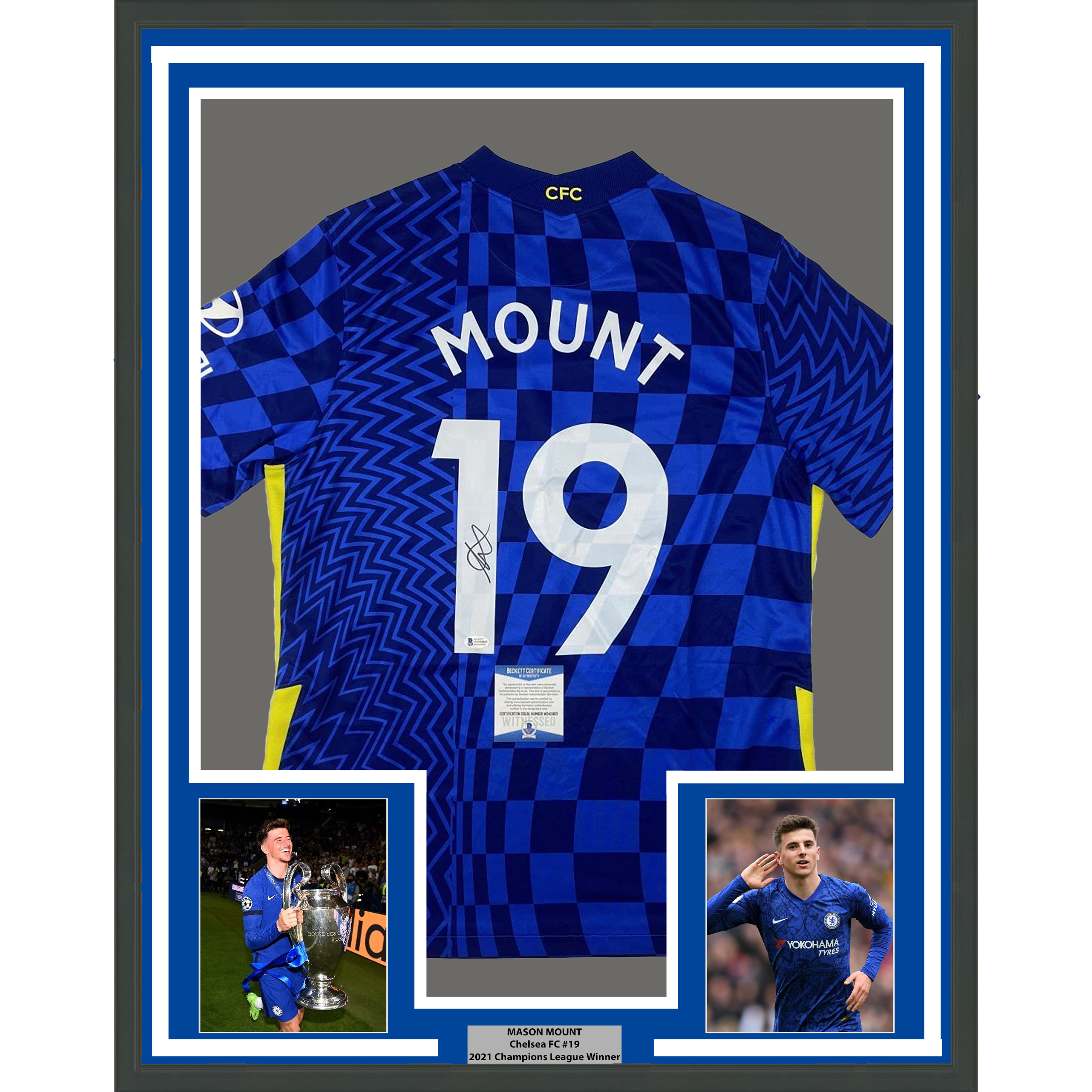 Framed Autographed/Signed Mason Mount 33x42 Chelsea FC Blue Soccer Futbol Jersey Beckett BAS COA