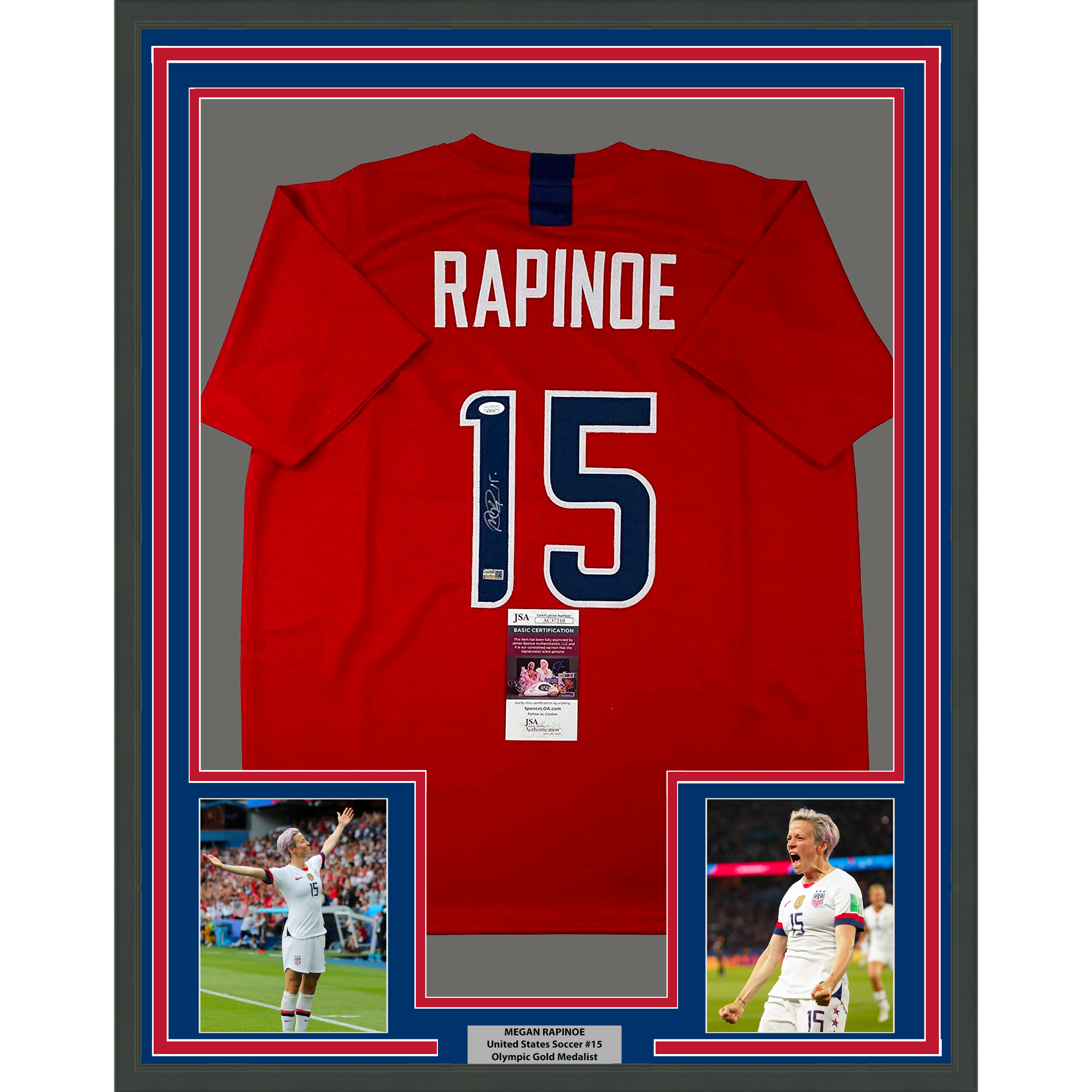 Framed Autographed/Signed Megan Rapinoe 33x42 Red Soccer Team USA United States World Cup Jersey JSA