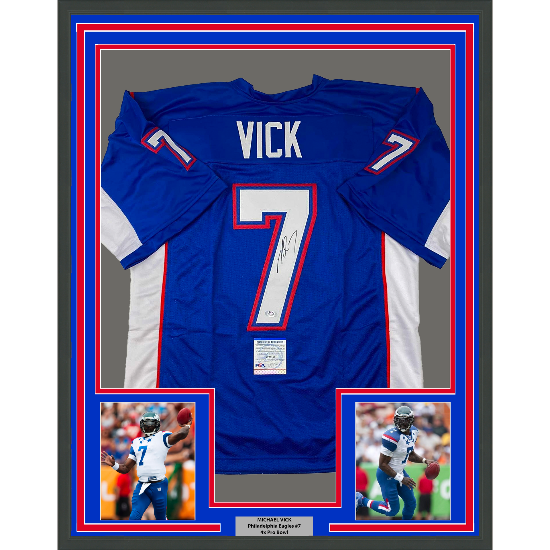 Framed Autographed/Signed Michael Mike Vick 33x42 Pro Bowl Blue Football  Jersey PSA/DNA COA - Hall of Fame Sports Memorabilia