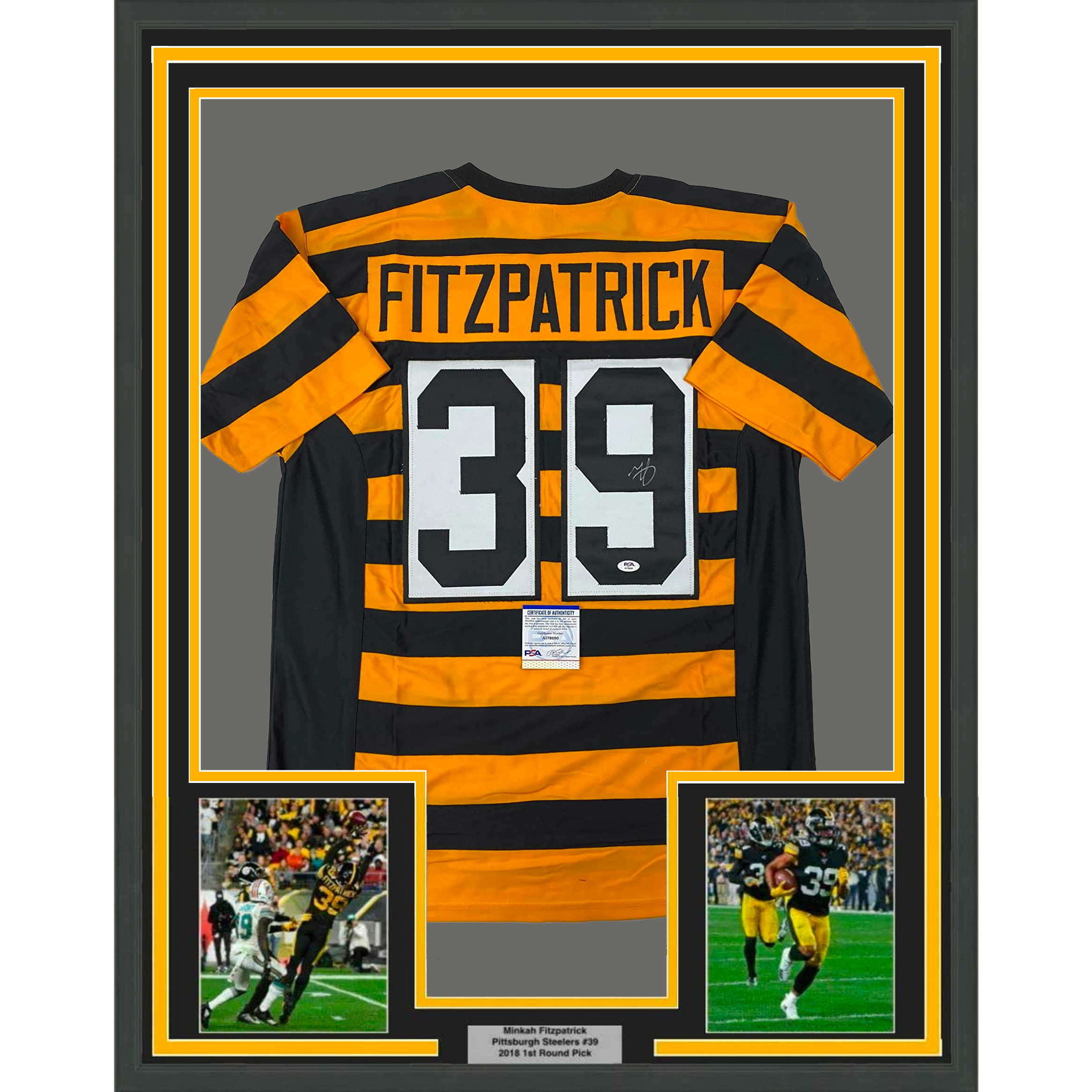 Framed Autographed/Signed Minkah Fitzpatrick 33x42 Pittsburgh Bumble Bee Football Jersey PSA/DNA COA