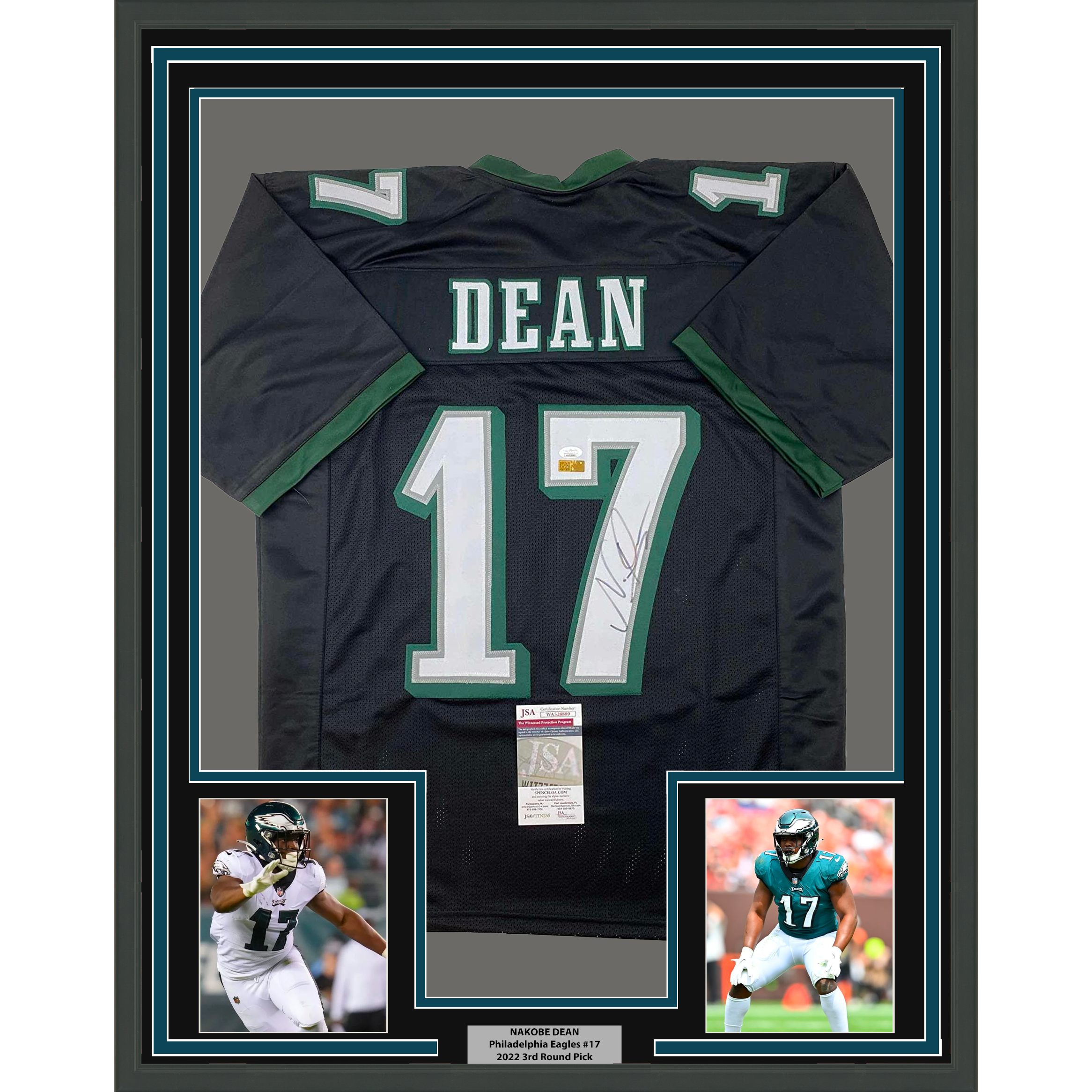 Framed Autographed/Signed Nakobe Dean 33x42 Philadelphia Black Football Jersey JSA COA