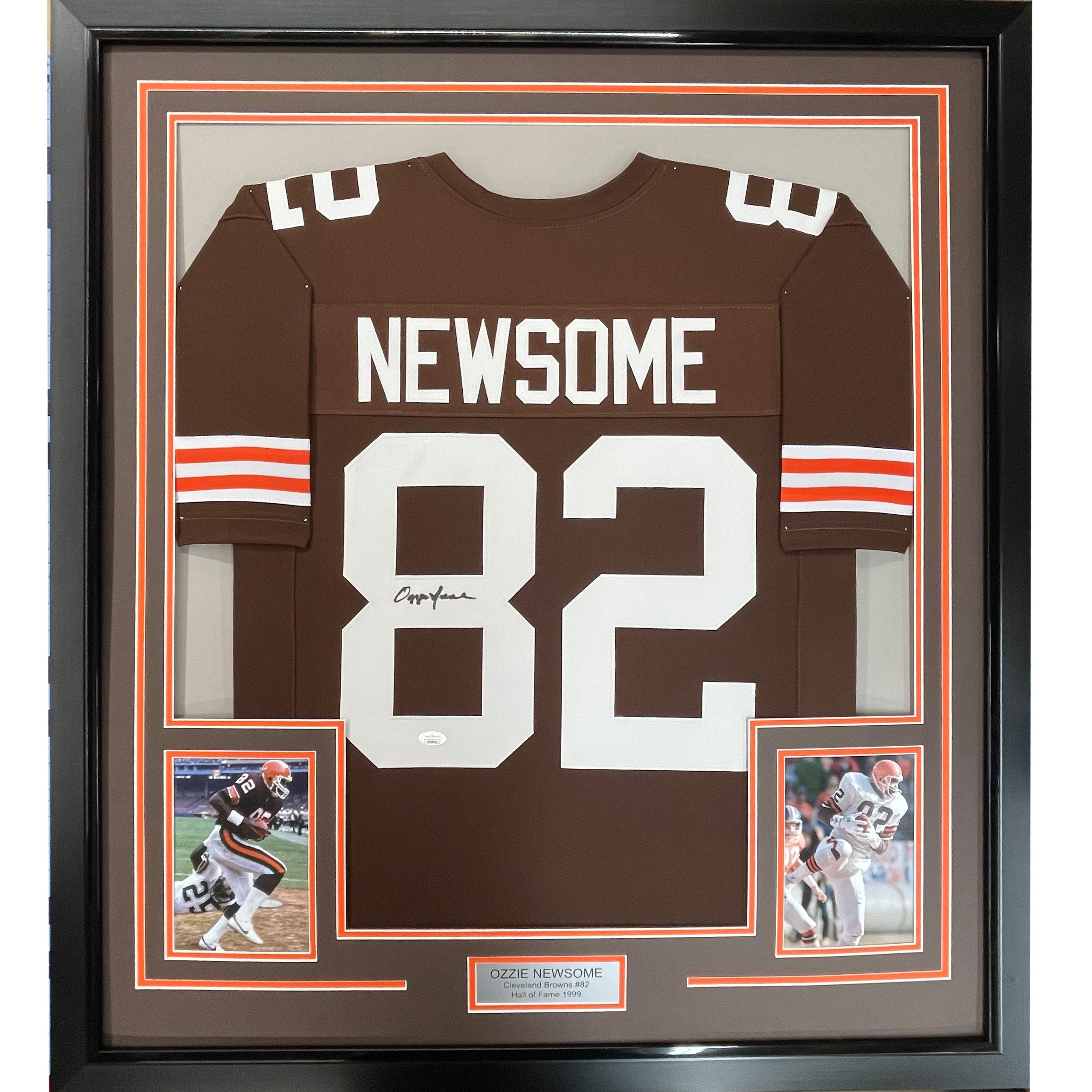 Framed Autographed/Signed Ozzie Newsome 33x42 Cleveland Brown Football Jersey JSA COA