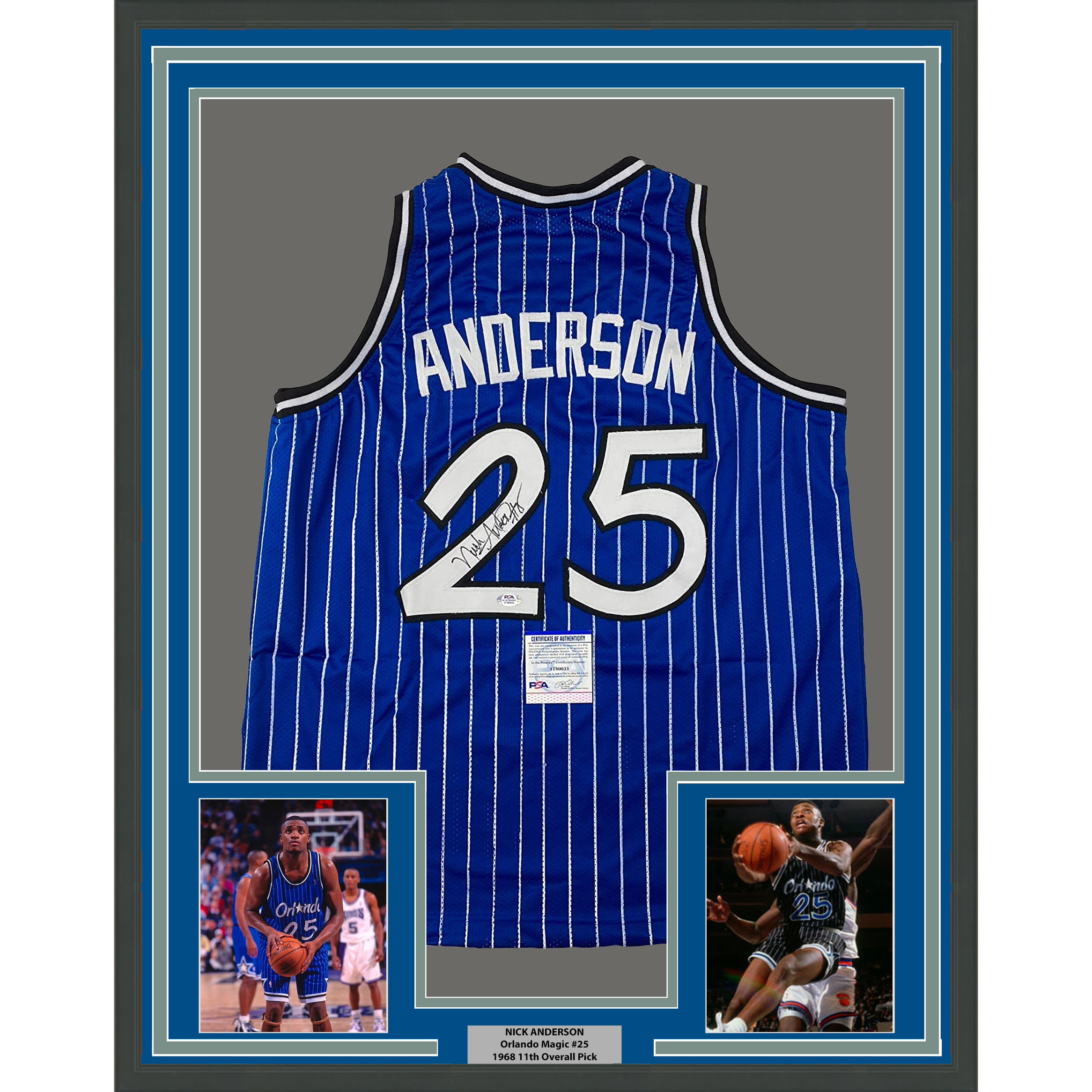 Framed Autographed/Signed Nick Anderson 33x42 Orlando Blue Pinstripe Basketball Jersey PSA/DNA COA