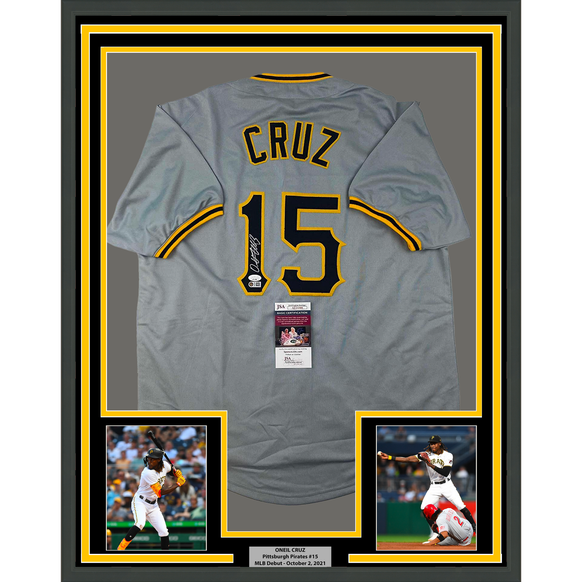 Framed Autographed/Signed Oneil Cruz 33x42 Pittsburgh Grey Baseball Jersey  JSA COA - Hall of Fame Sports Memorabilia