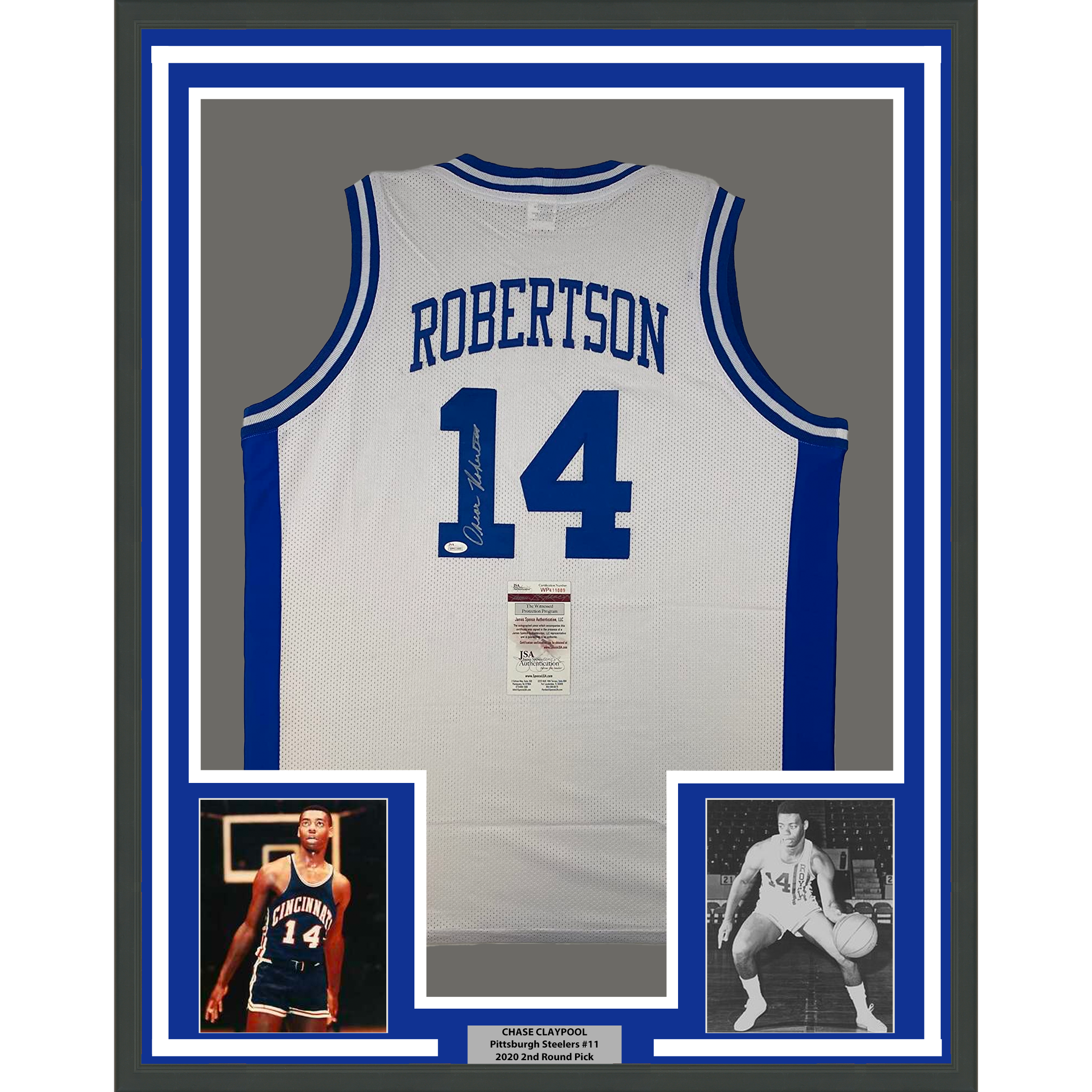 Framed Autographed/Signed Oscar Robertson 33x42 Cincinnati White Basketball Jersey JSA COA