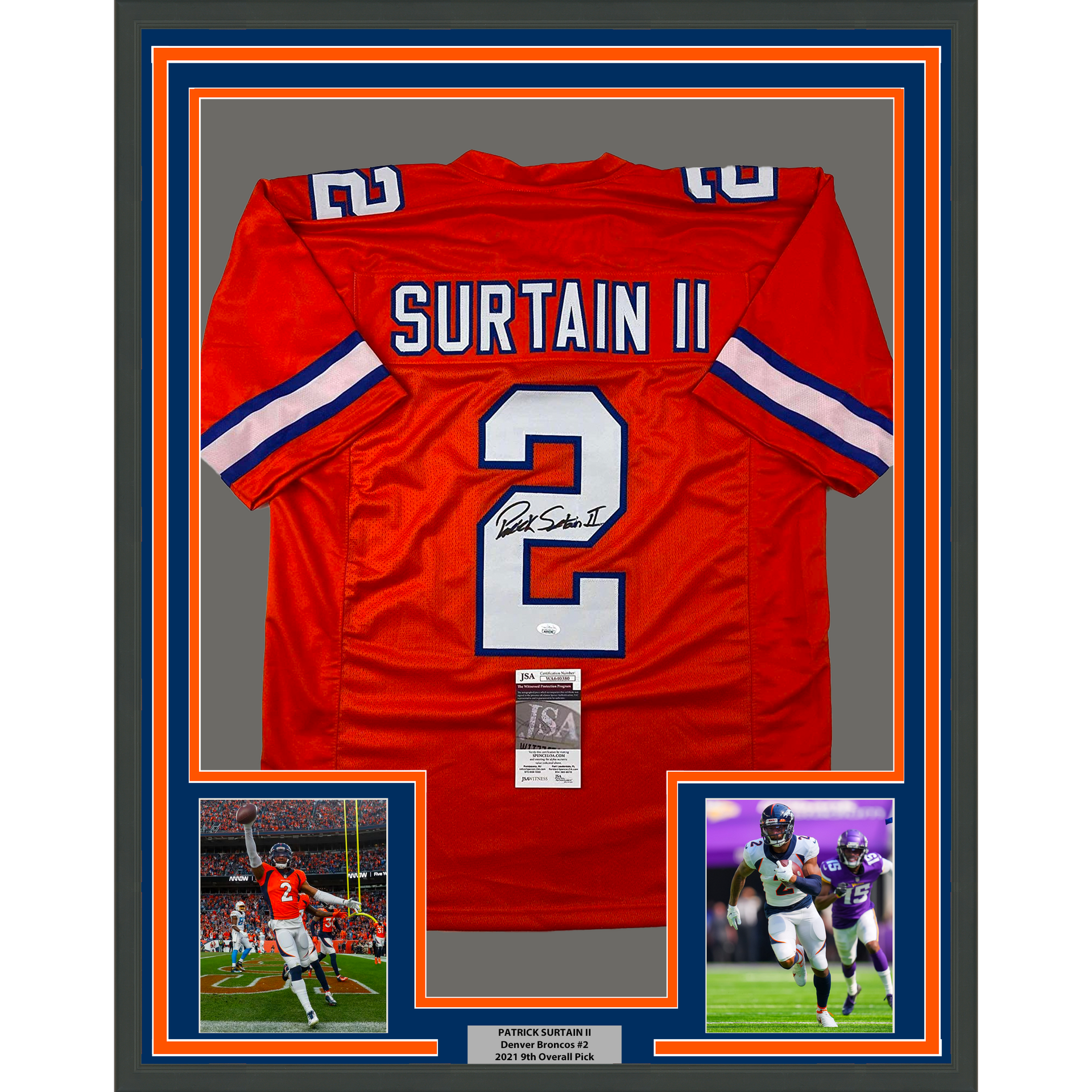 Framed Autographed/Signed Patrick Surtain II 33x42 Denver Retro Orange  Football Jersey JSA COA - Hall of Fame Sports Memorabilia