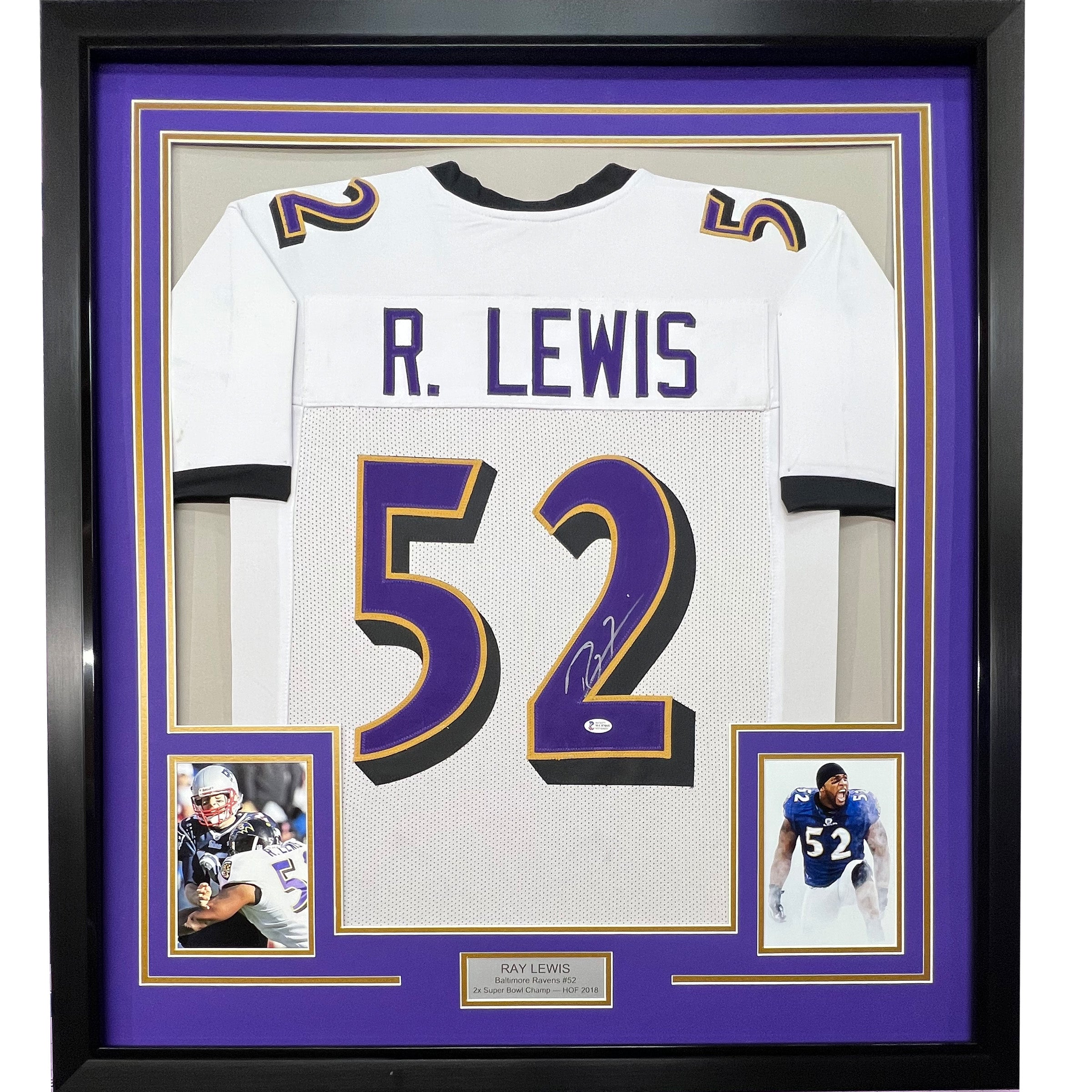 Framed Autographed/Signed Ray Lewis 33x42 Baltimore White Football Jersey JSA COA