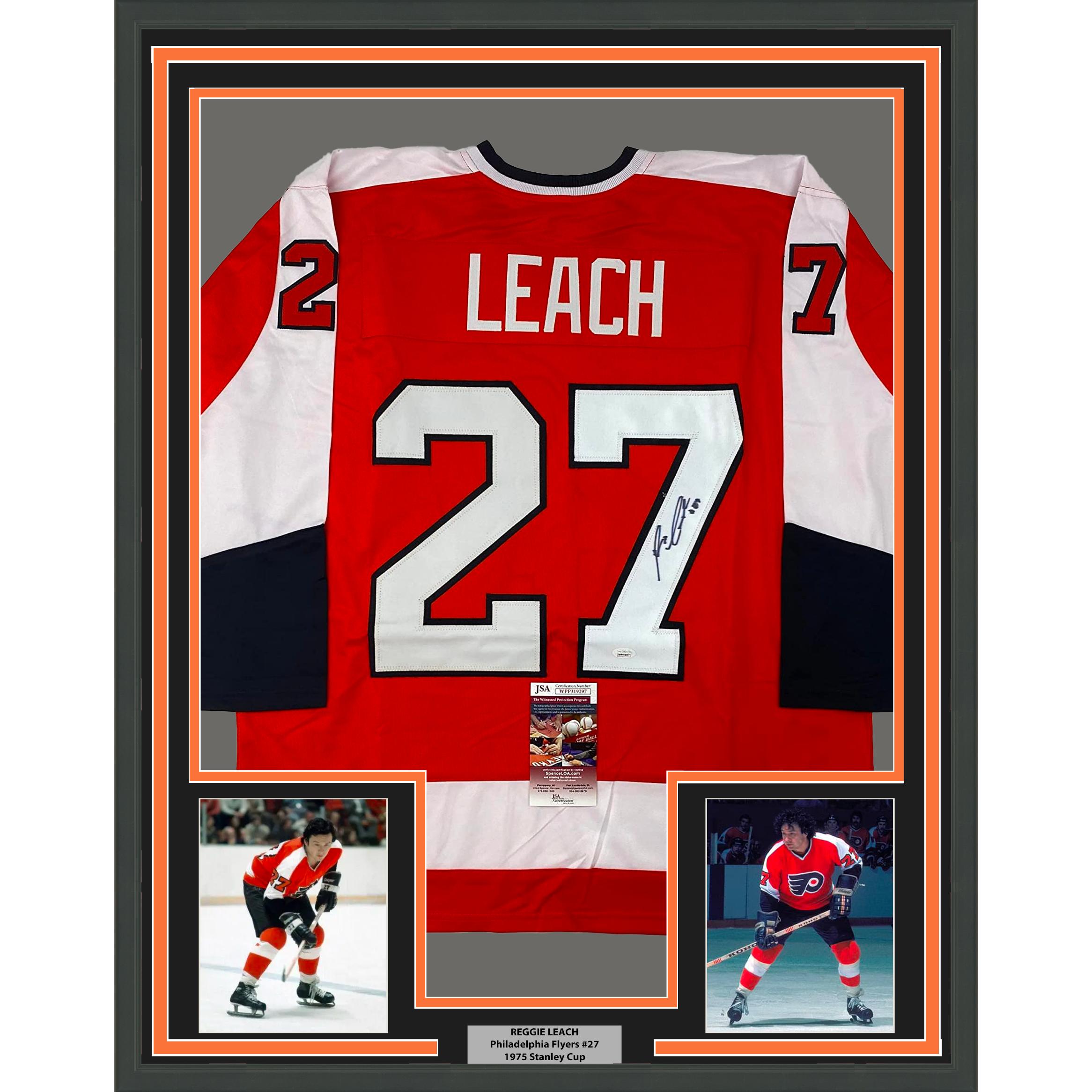 Framed Autographed/Signed Reggie Leach 33x42 Philadelphia Orange Hockey Jersey JSA COA