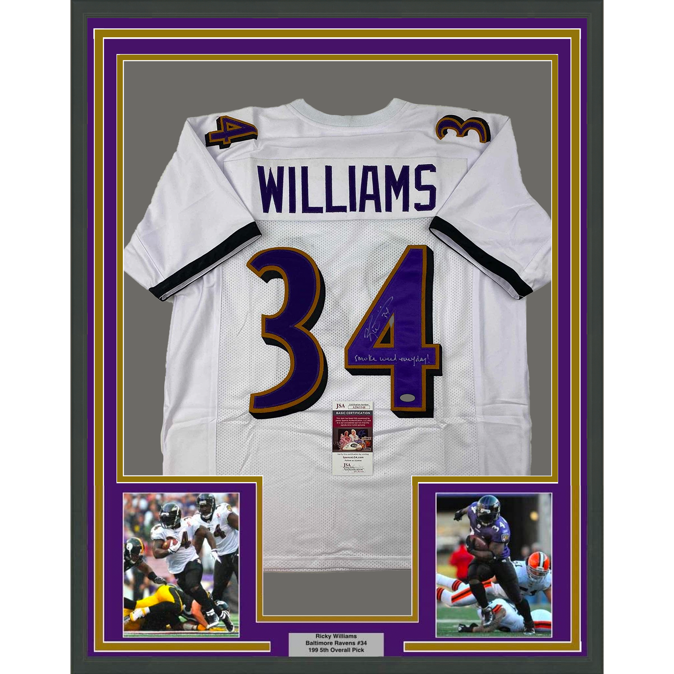 Framed Autographed/Signed Ricky Williams 33x42 Smoke Weed Everyday Inscribed Baltimore White Footbal