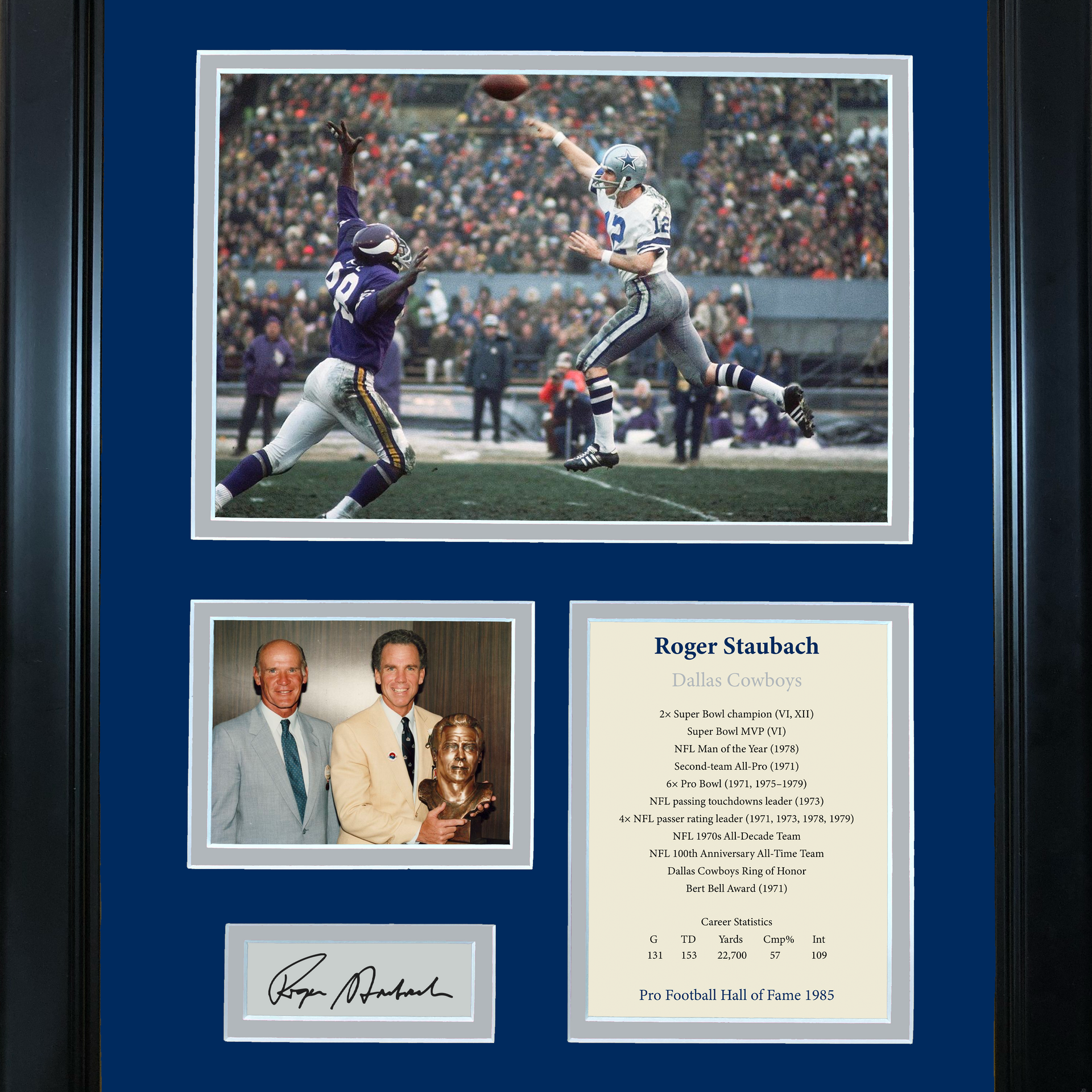 Framed Roger Staubach Hall of Fame Facsimile Laser Engraved Signature Auto  Dallas Cowboys 12'x15' Photo Collage - Hall of Fame Sports Memorabilia