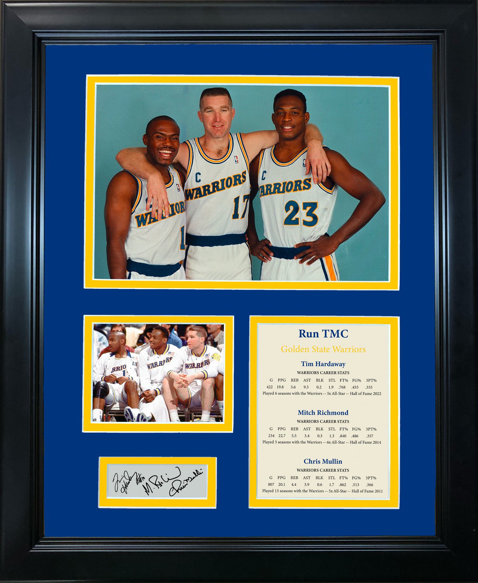 Golden State Warriors Chris Mullin, Tim Hardaway & Mitch Richmond Autographed Blue Jersey Run TMC HOF Beckett BAS Witness