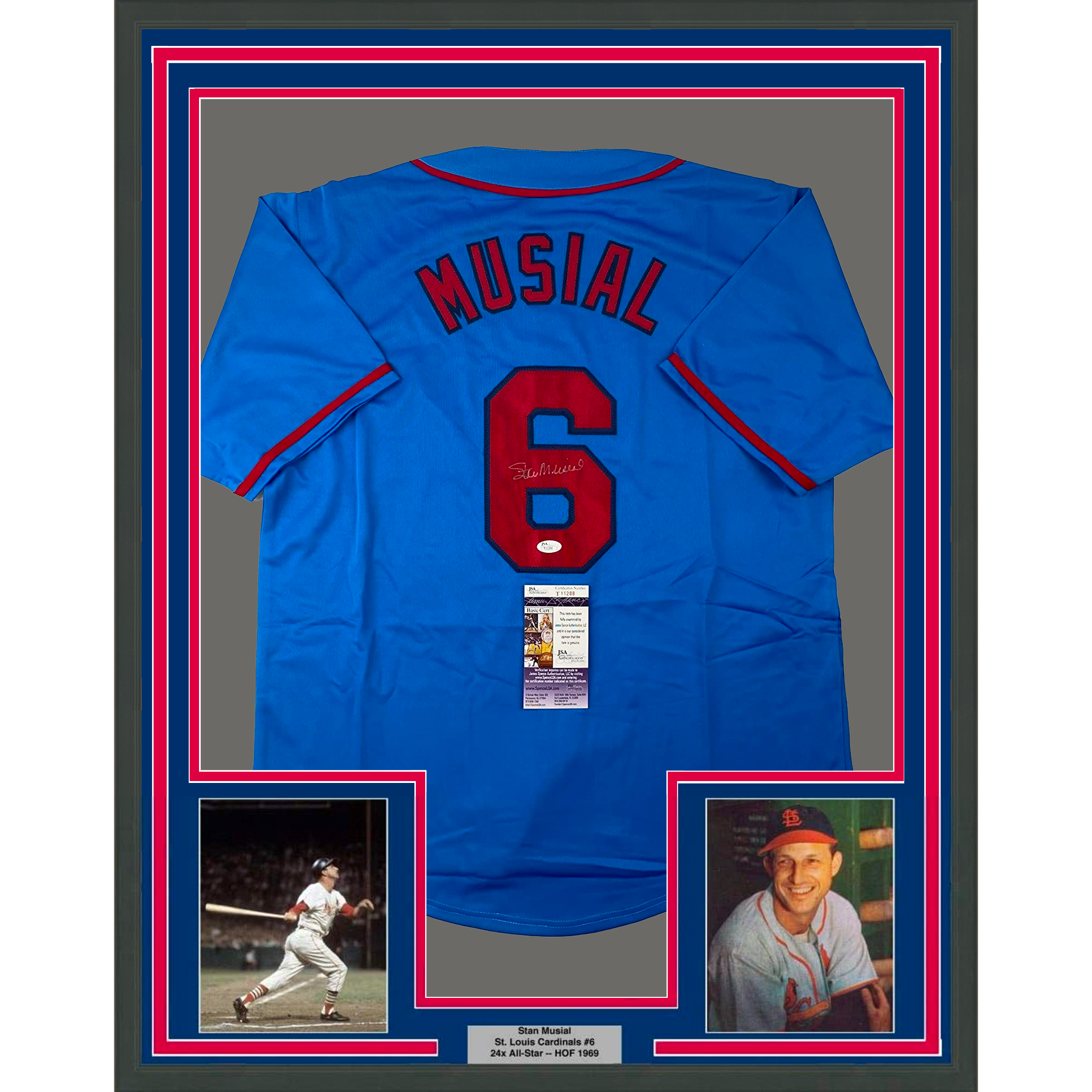 Framed Autographed/Signed Stan Musial 33x42 St. Louis Blue Baseball Jersey JSA COA