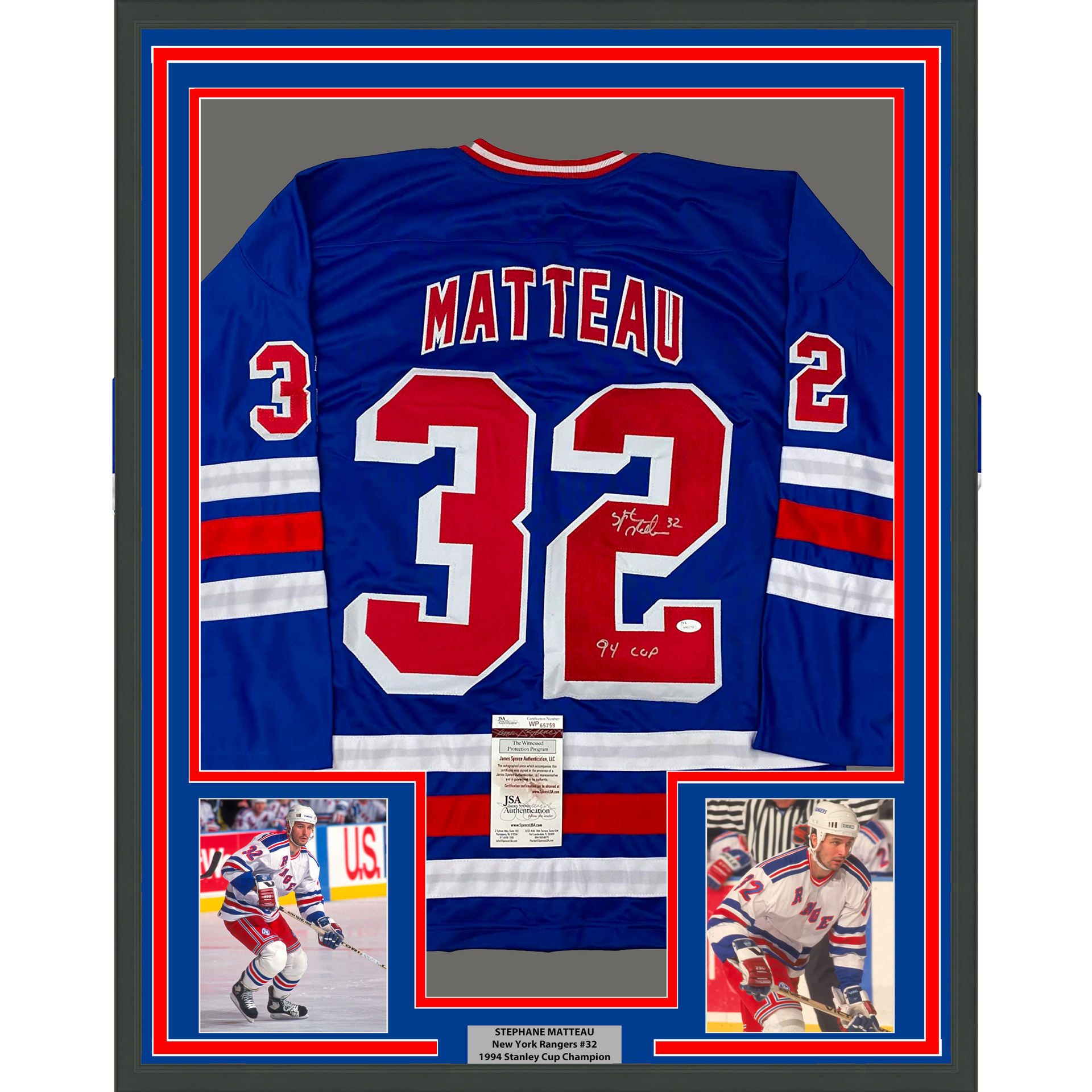 Stephane Matteau Signed New York Rangers Jersey Inscribed 94 SC Champs –