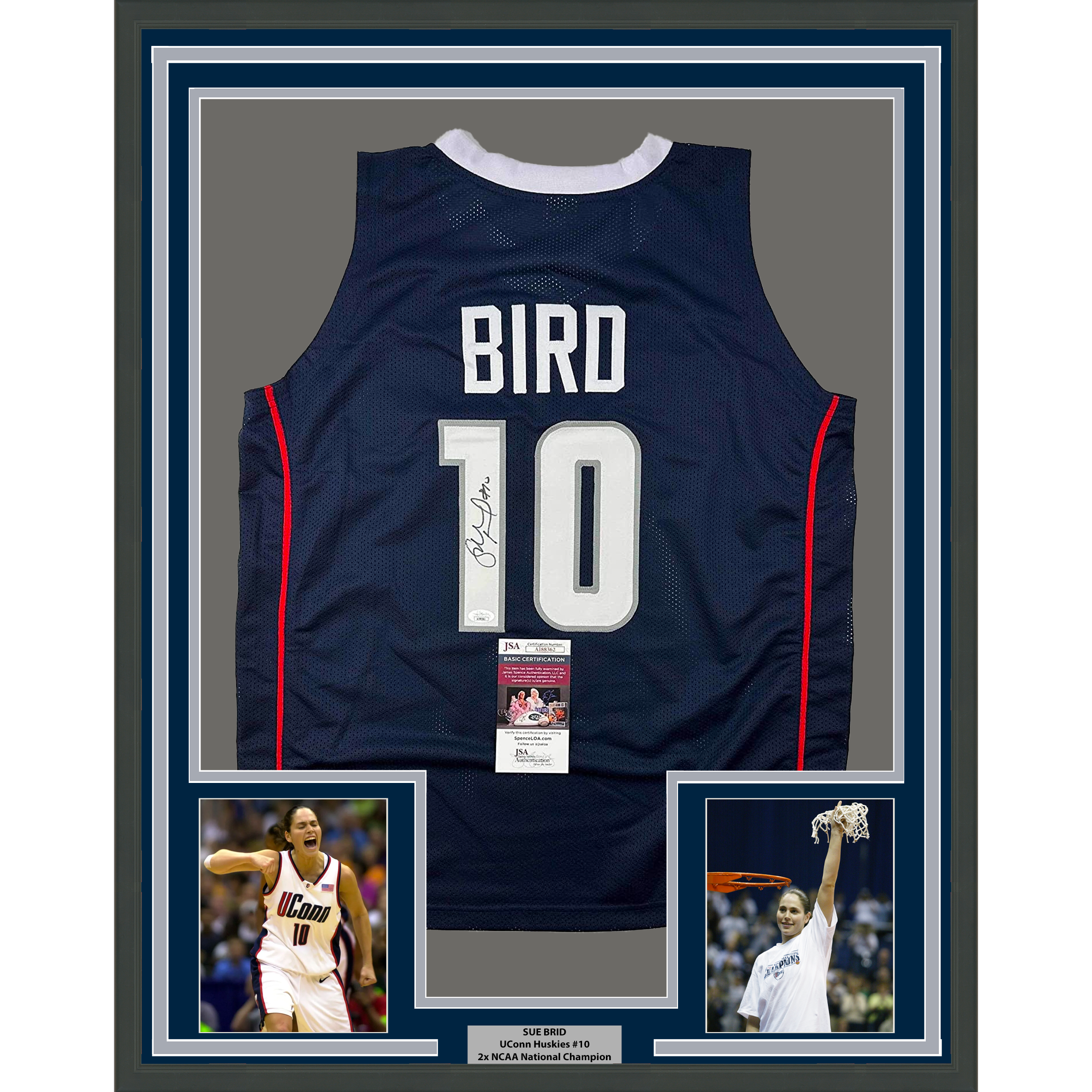 Framed Autographed/Signed Sue Bird 33x42 UConn Connecticut Blue College Basketball Jersey JSA COA