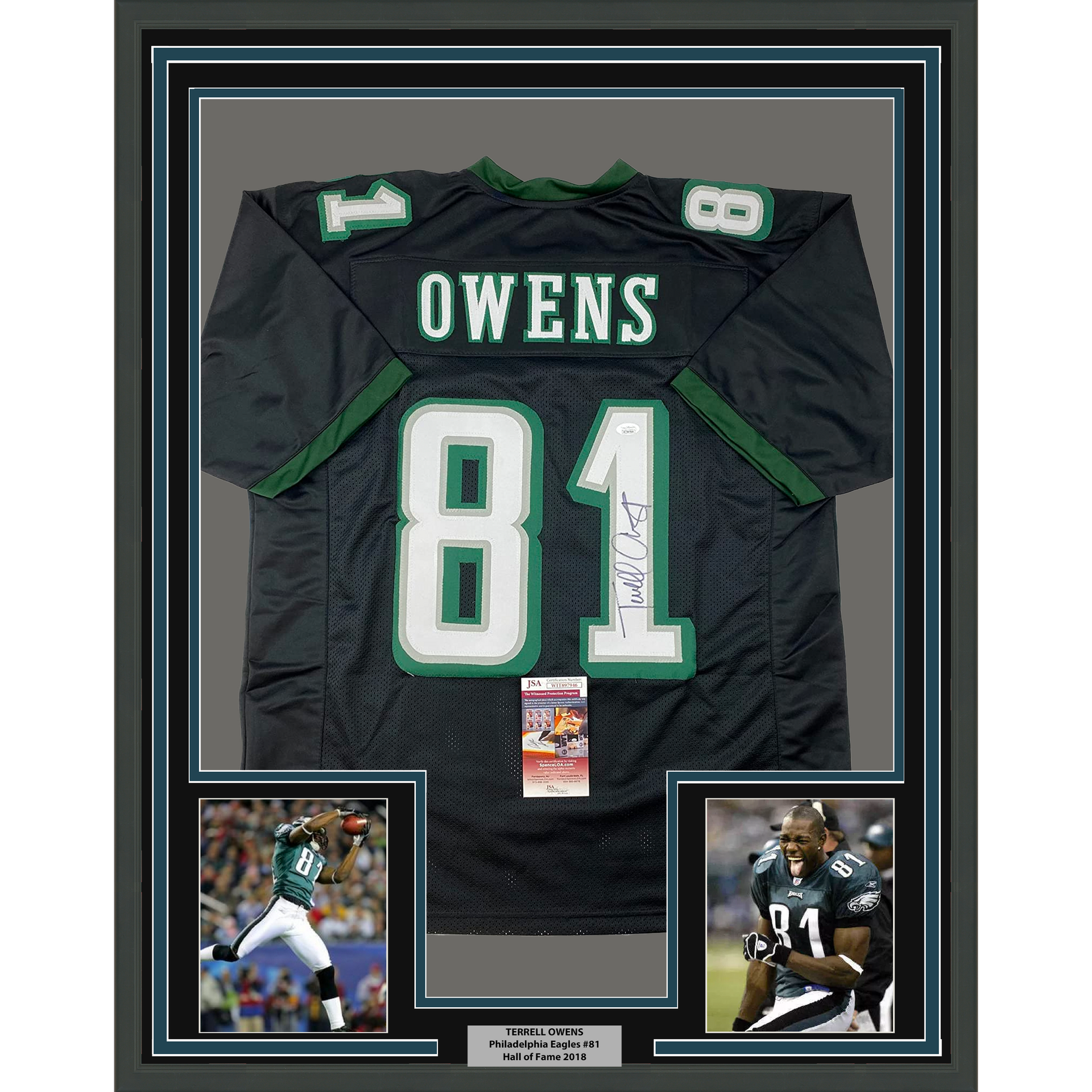 Framed Autographed/Signed Terrell Owens 33x42 Philadelphia Black Football  Jersey JSA COA - Hall of Fame Sports Memorabilia