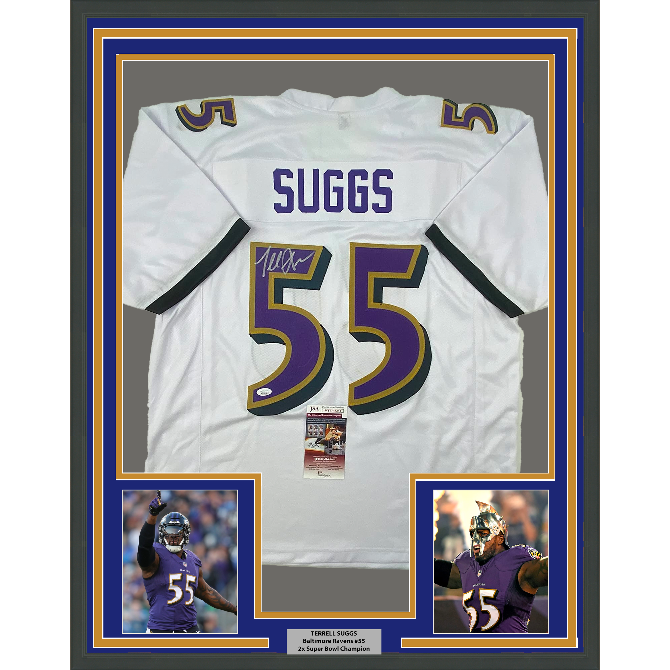 Framed Autographed/Signed Terrell Suggs 33x42 Baltimore White Football Jersey JSA COA