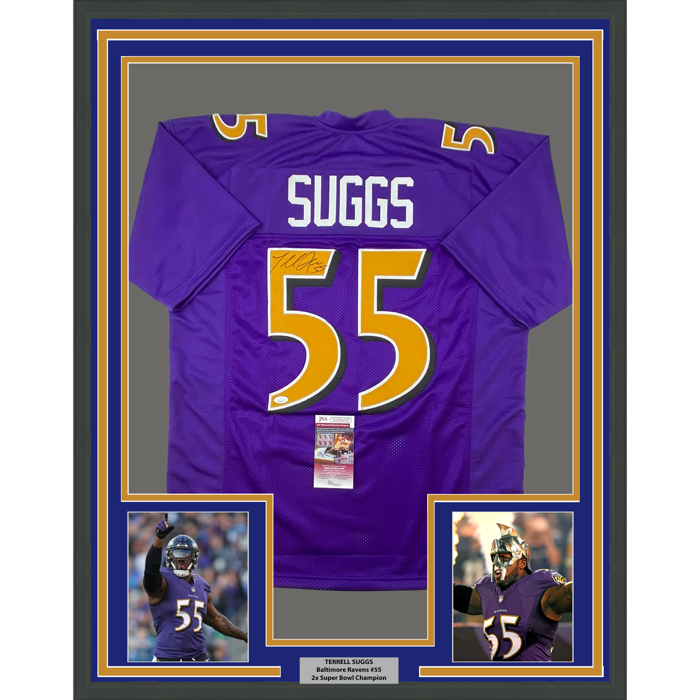 Framed Autographed/Signed Terrell Suggs 33x42 Baltimore Color Rush Football Jersey JSA COA