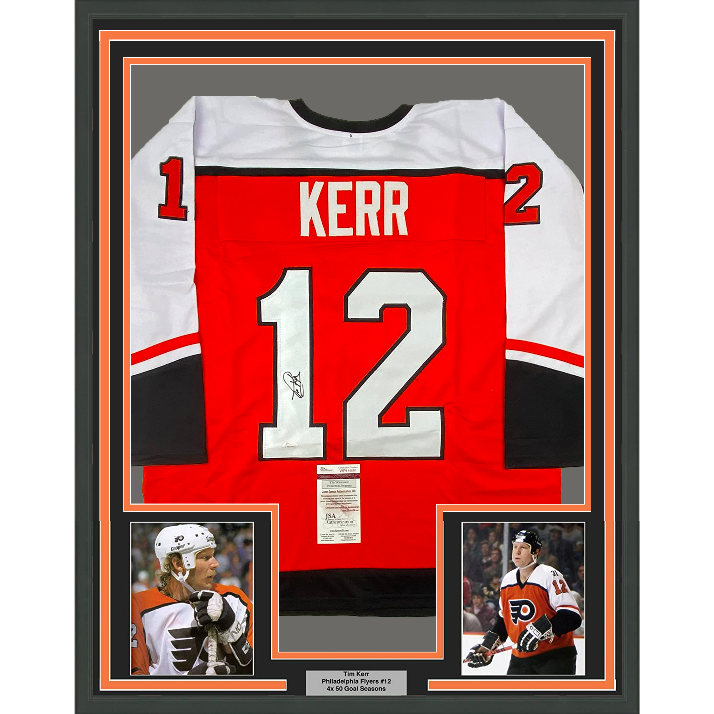 Framed Autographed/Signed Tim Kerr 33x42 Philadelphia Orange Hockey Jersey JSA COA