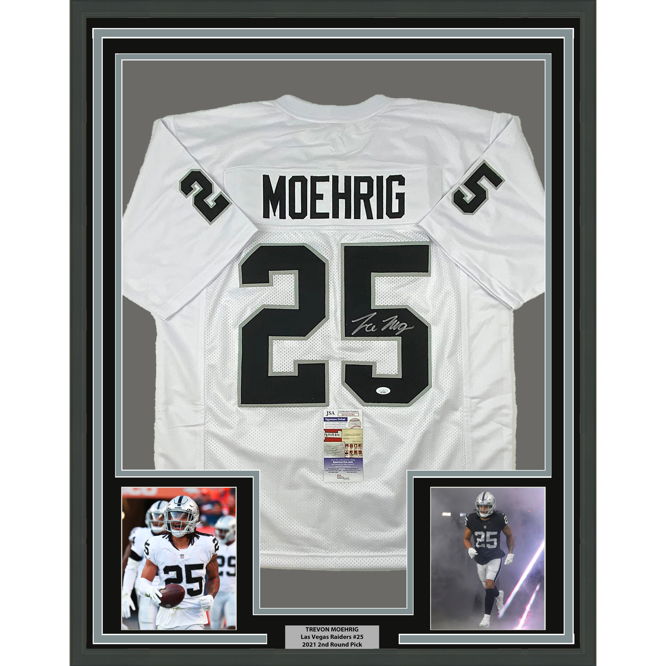 Framed Autographed/Signed Trevon Moehrig 33x42 Las Vegas Oakland White Football Jersey JSA COA