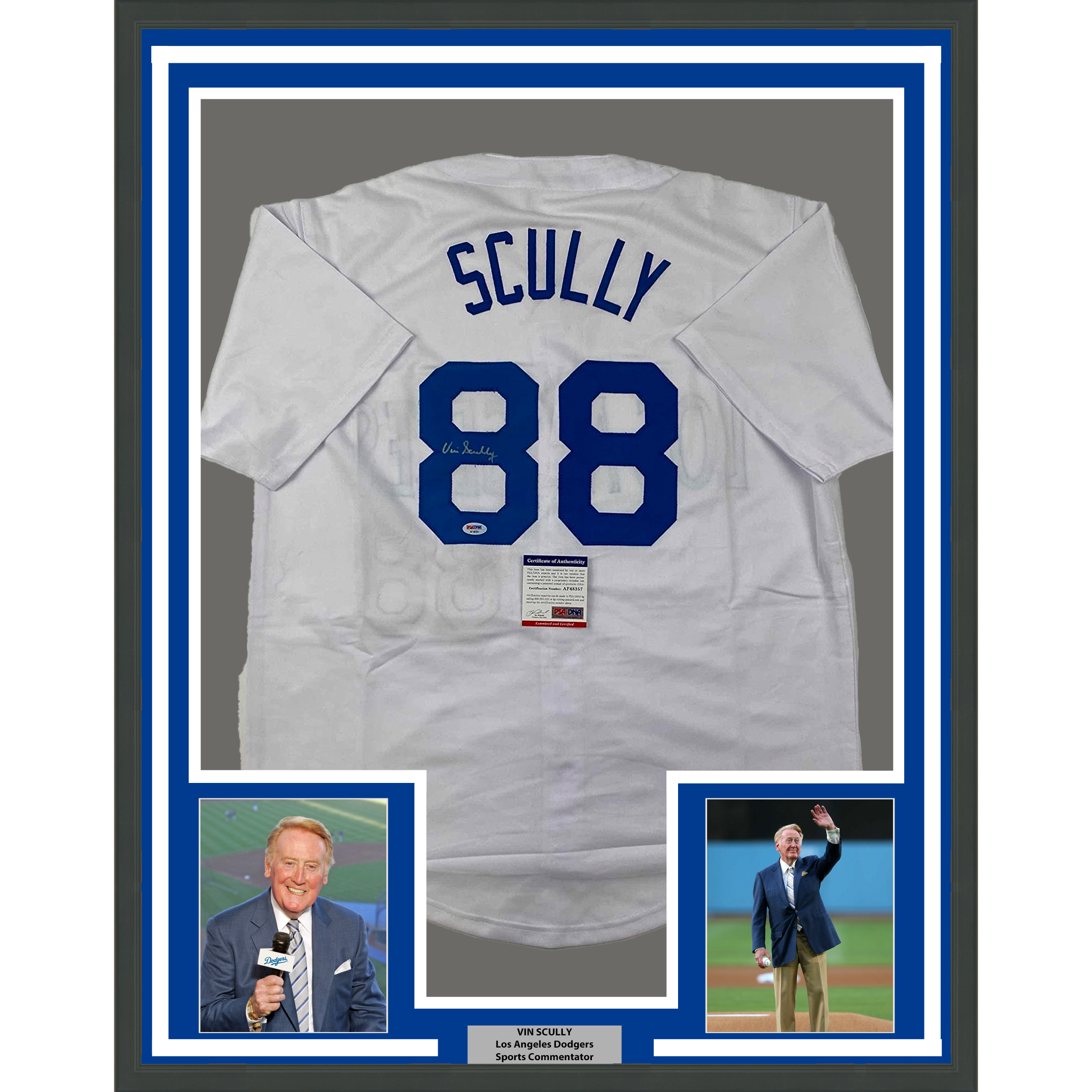 Framed Autographed/Signed Vin Scully 33x42 Los Angeles LA White Baseball Jersey PSA/DNA COA