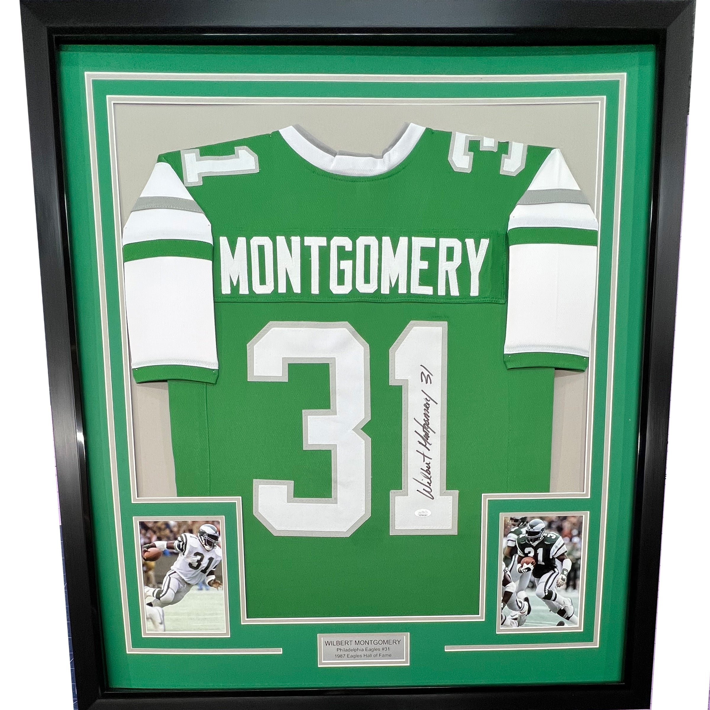 Framed Autographed/Signed Wilbert Montgomery 33x42 Philadelphia Green Football Jersey JSA COA