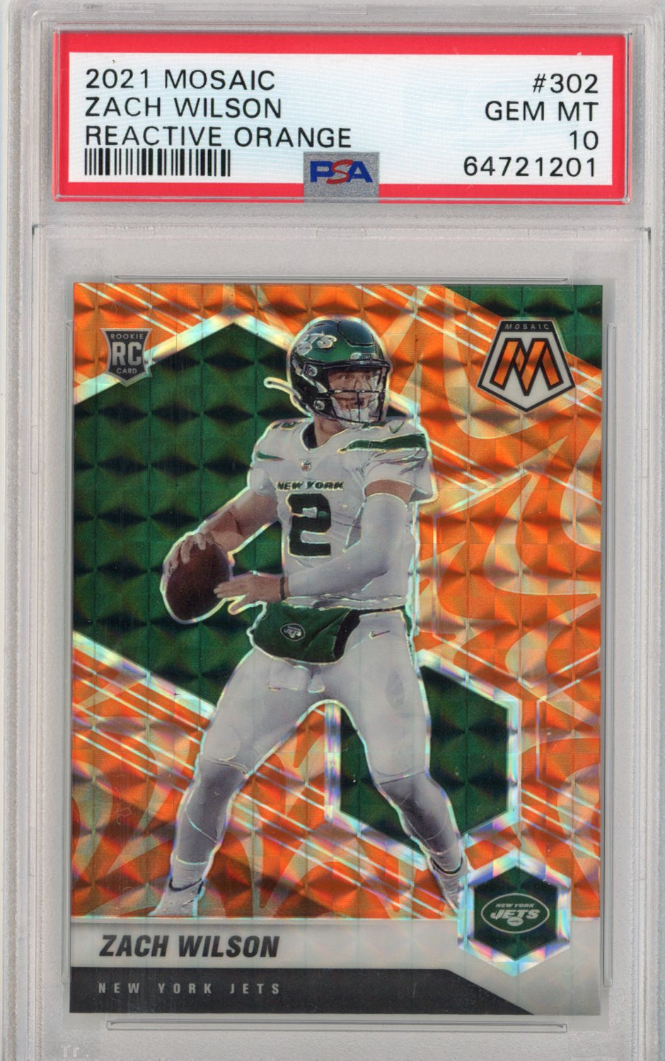 Graded 2021 Panini Mosaic Zach Wilson #302 Reactive Orange Rookie RC  Football Card PSA 10 Gem Mint - Hall of Fame Sports Memorabilia