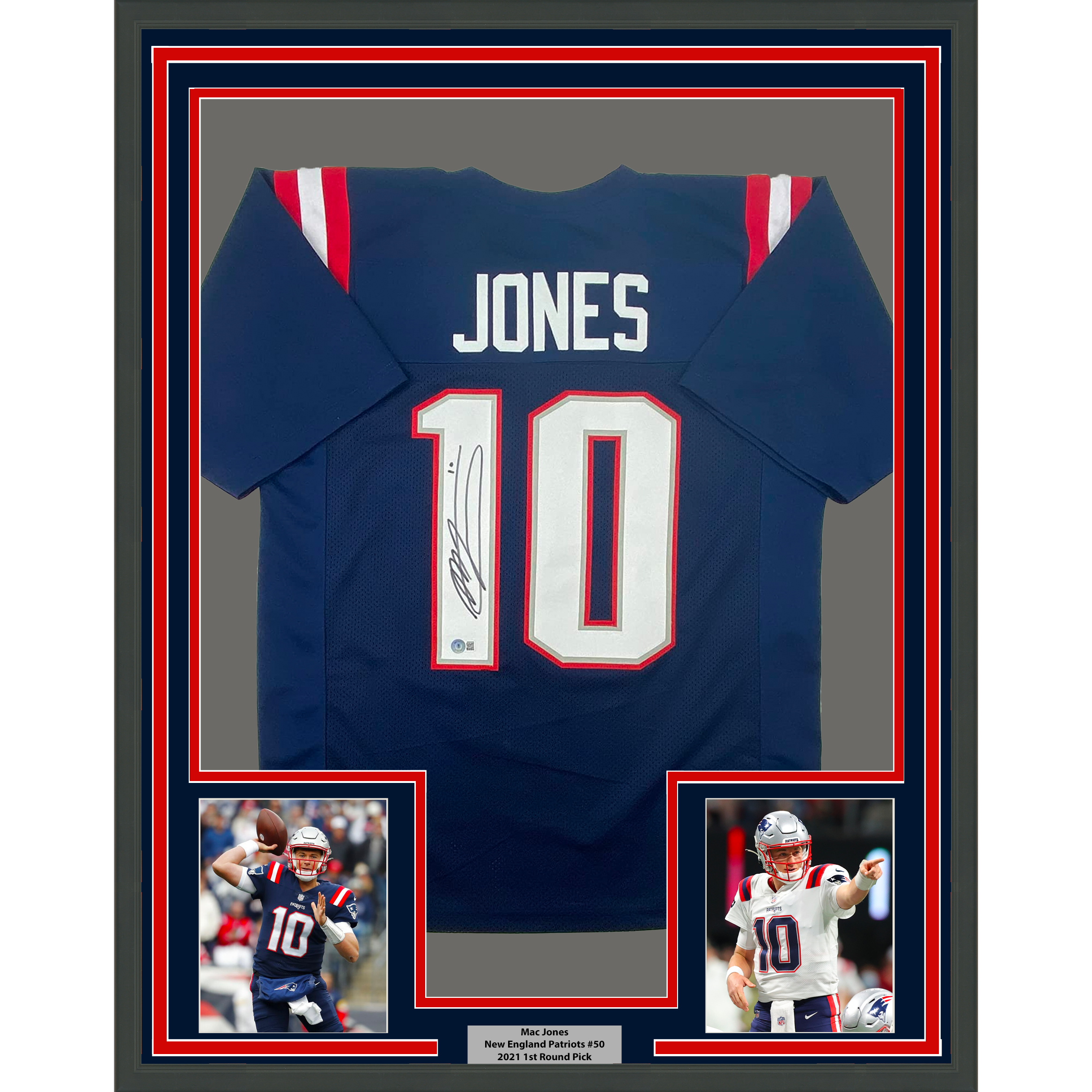 Framed Autographed/Signed Mac Jones 33x42 New England Blue Football Jersey Beckett BAS COA